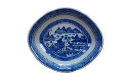 3 Antique Chinese Export Canton Blue & White Porcelain Serving Dishes Platter