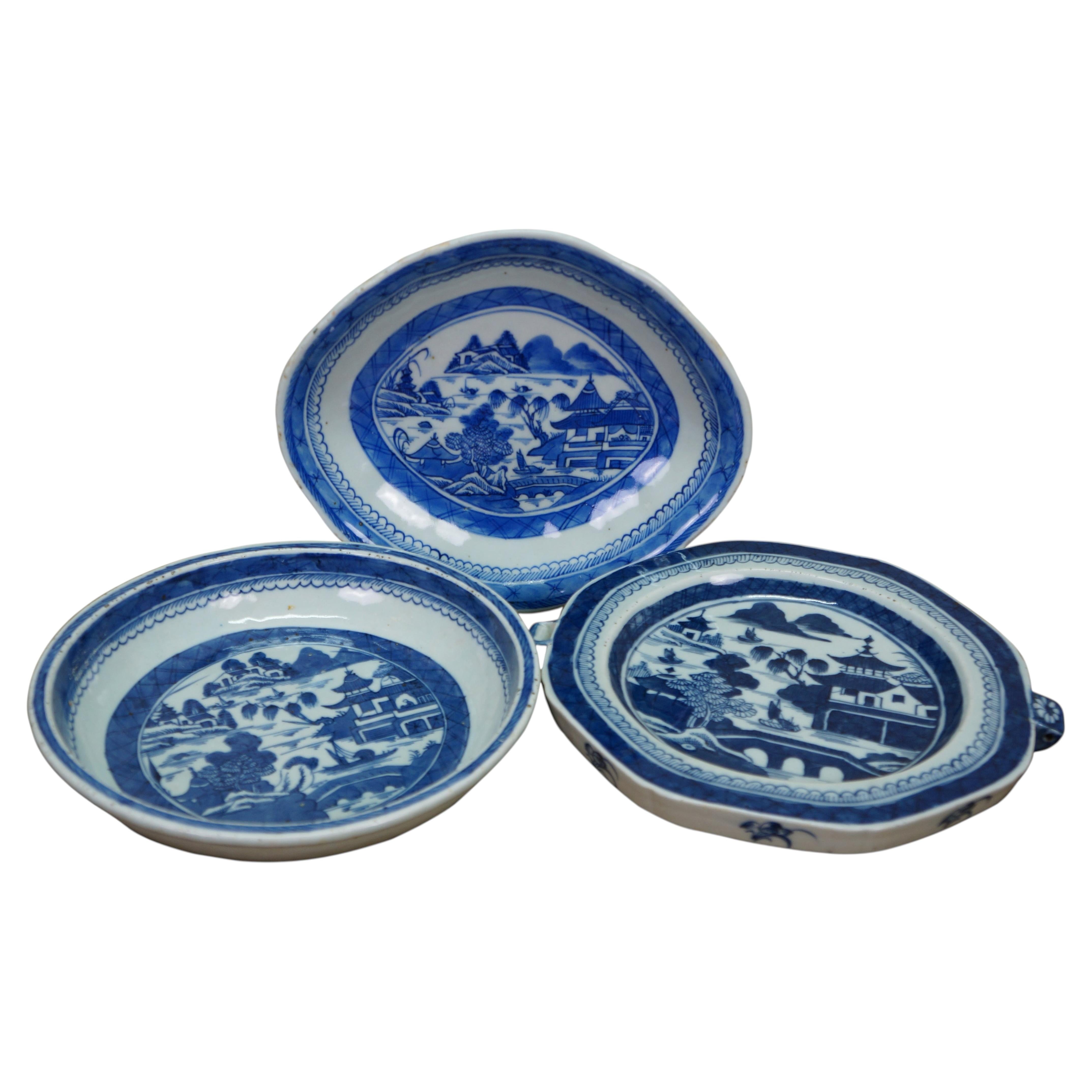 3 Antique Chinese Export Canton Blue & White Porcelain Serving Dishes Platter