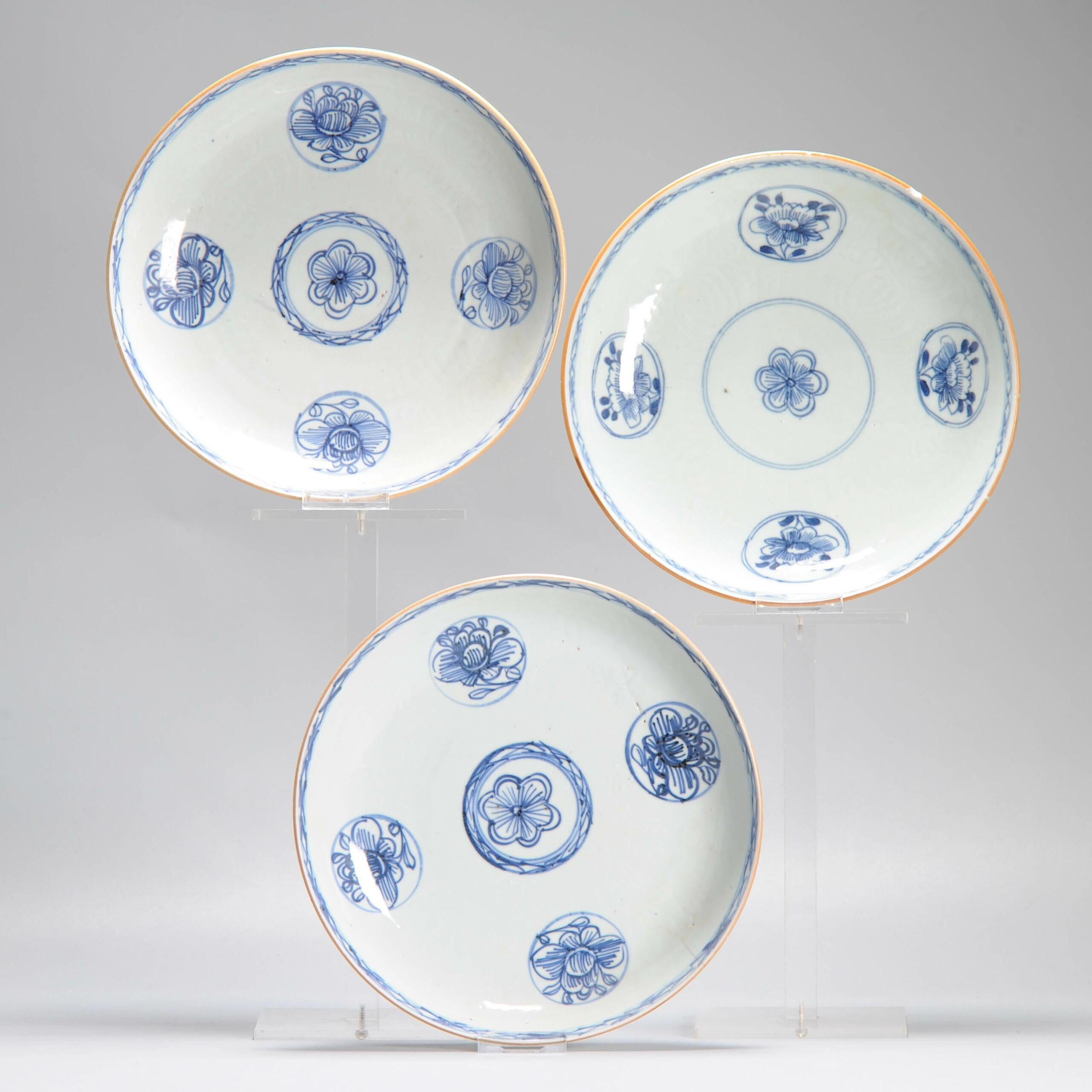 A very nicely decorated SET of 3 dishes. These were used for redecoration in Holland.

floral scene and also anhua in the wall.

Condition
Dish 1 with hairline and small chip to outside rim. Dish 2 with chip and 2 small frits. Dish 3 with small chip