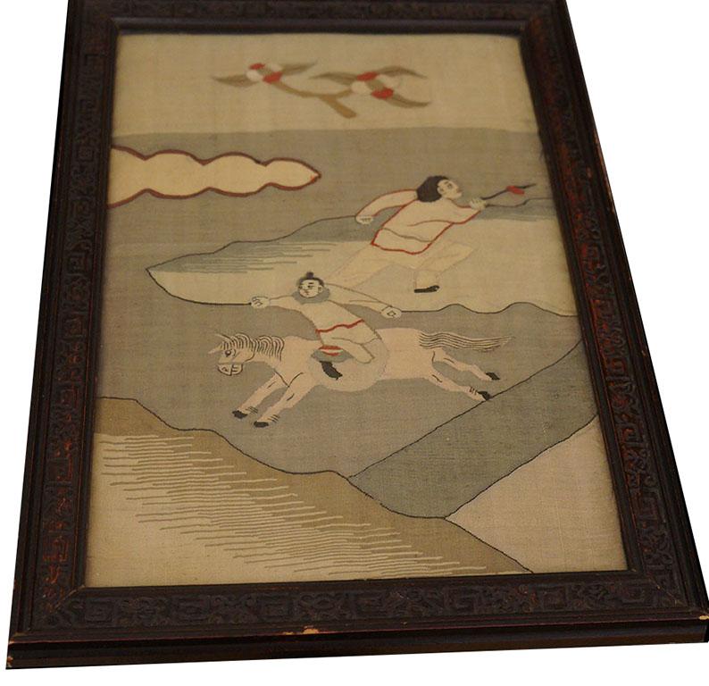 3 Antique Chinese Textile in Frame 1' 0'' x 1' 3'' In Good Condition For Sale In New York, NY