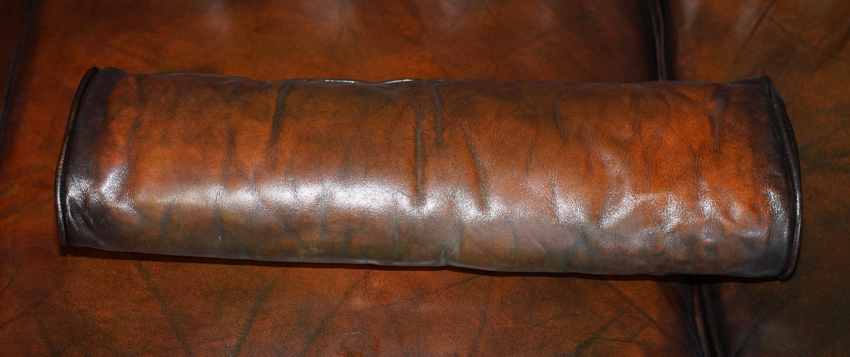 English 3 Antique circa 1900 Restored Hand Dyed Brown Leather Bulster Lumbar Cushions