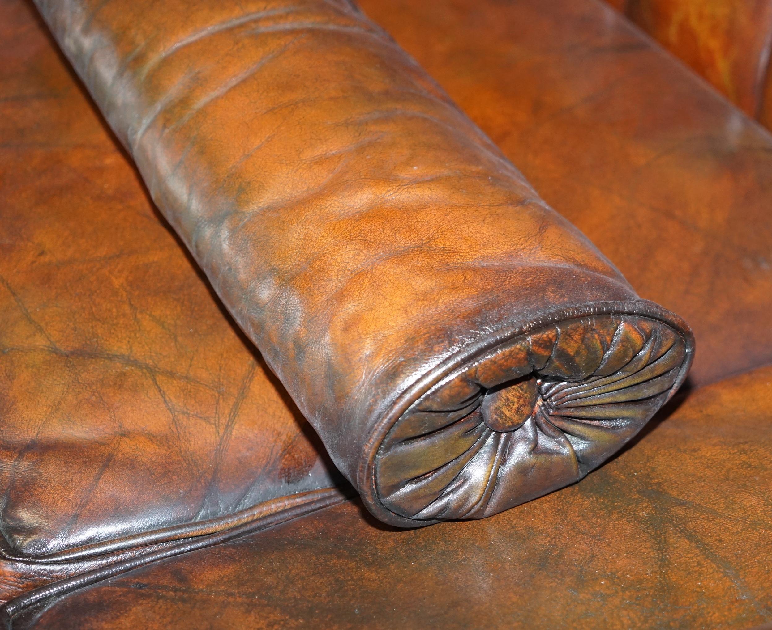 Hand-Crafted 3 Antique circa 1900 Restored Hand Dyed Brown Leather Bulster Lumbar Cushions