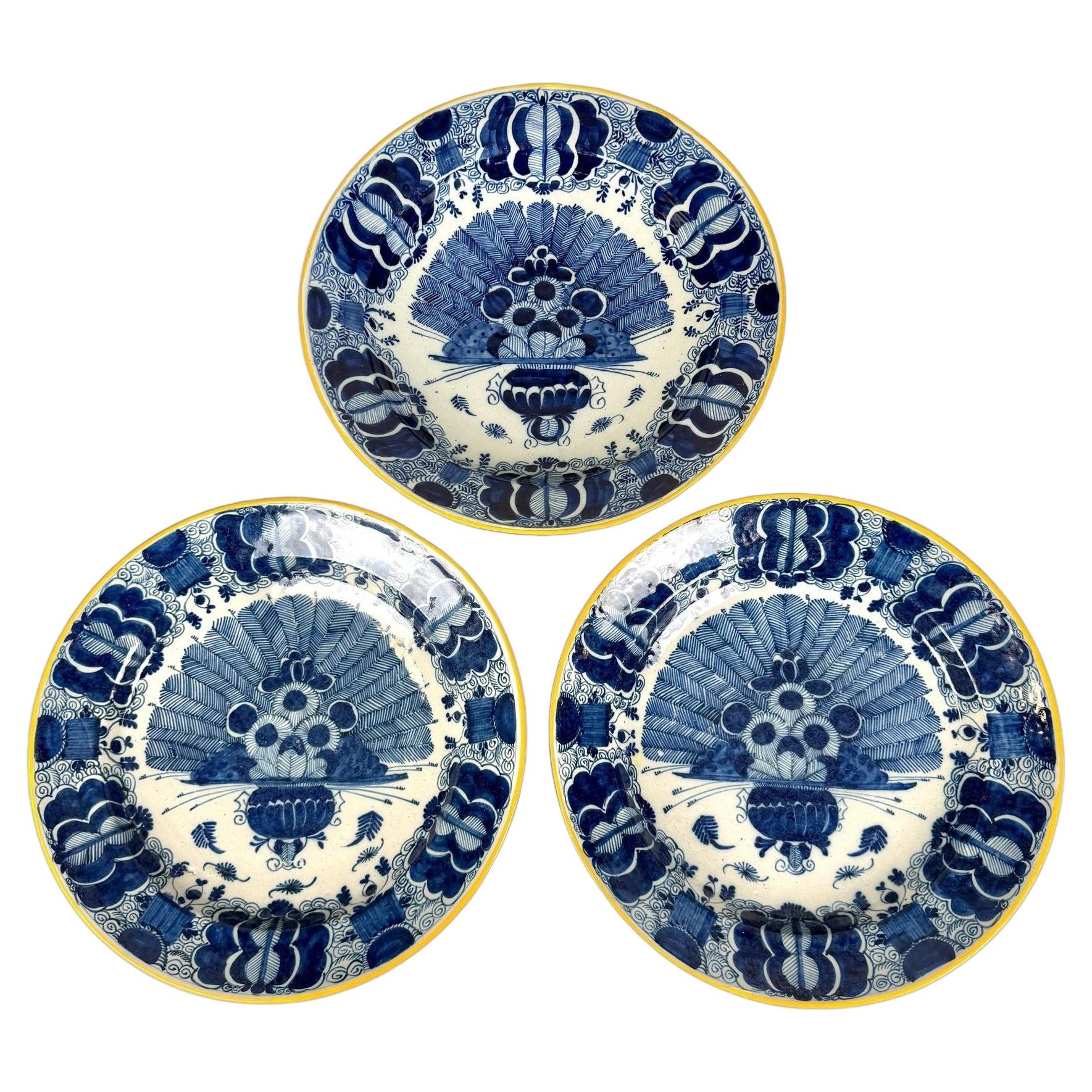 3 Antique Dutch Delft Blue & White Peacock Pattern Large Plates 18th Century For Sale