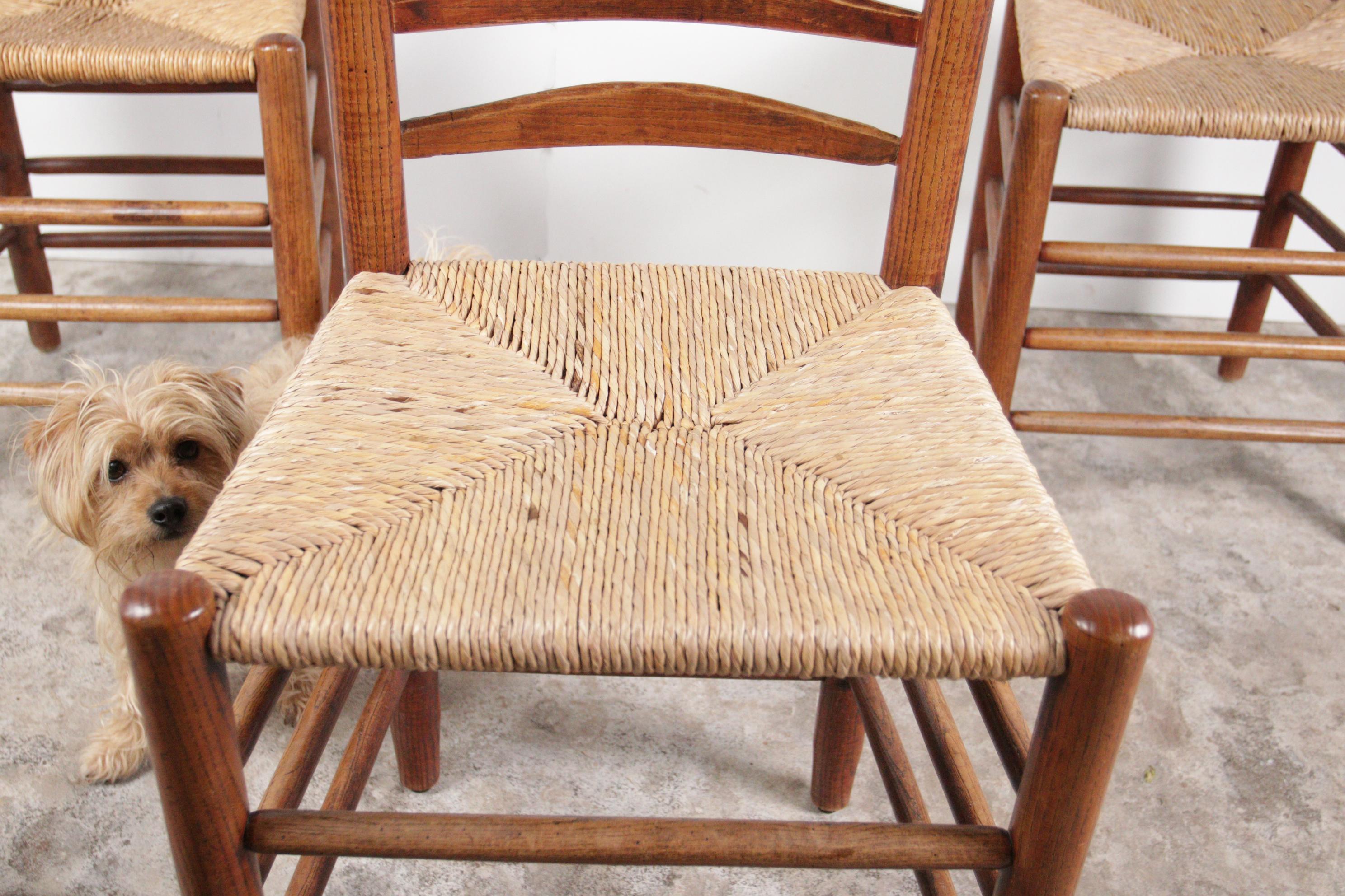 Country 3 chaises de salle à manger hollandaises anciennes à dossier en échelle en Oak Oak Rush Seat en vente