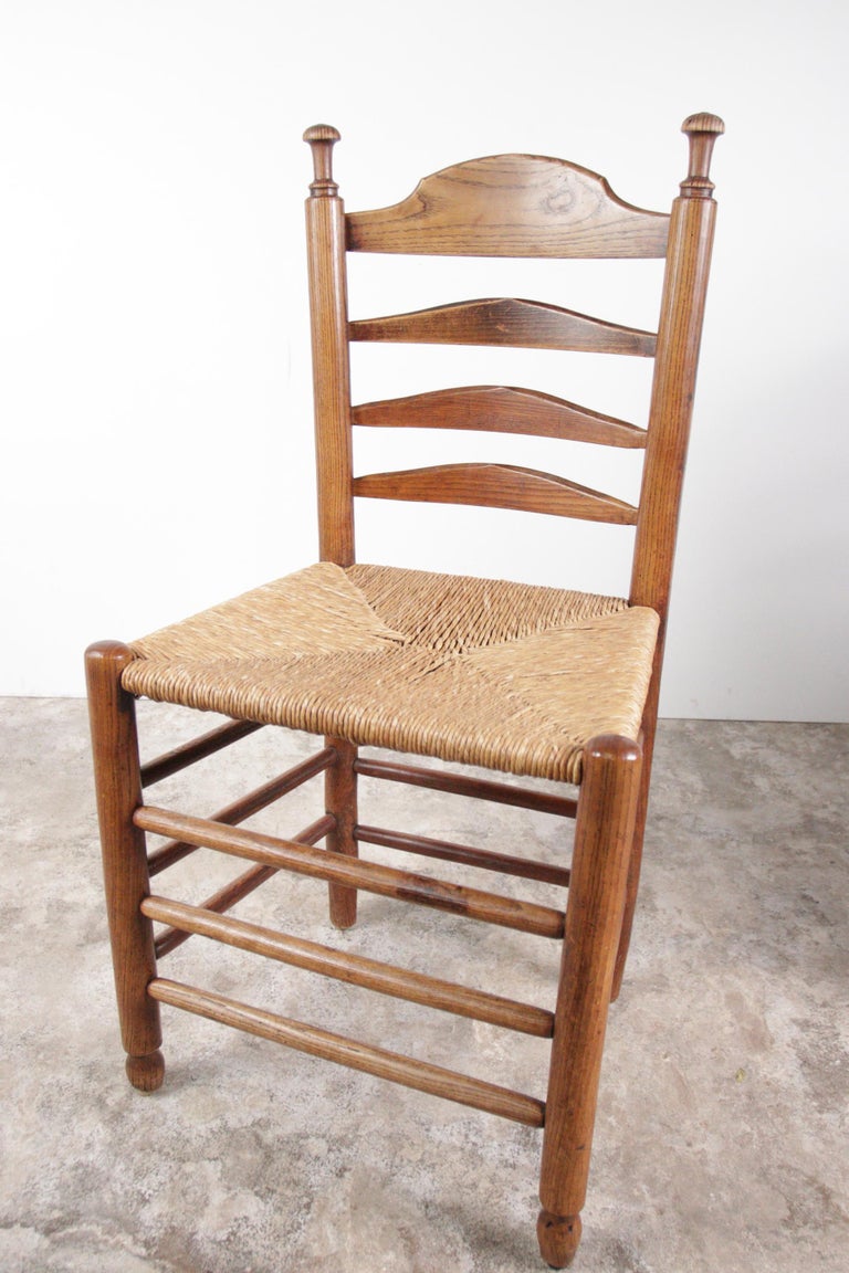 3 Antique Dutch Ladder Back Oak Rush Seat Dining Chairs For Sale at 1stDibs