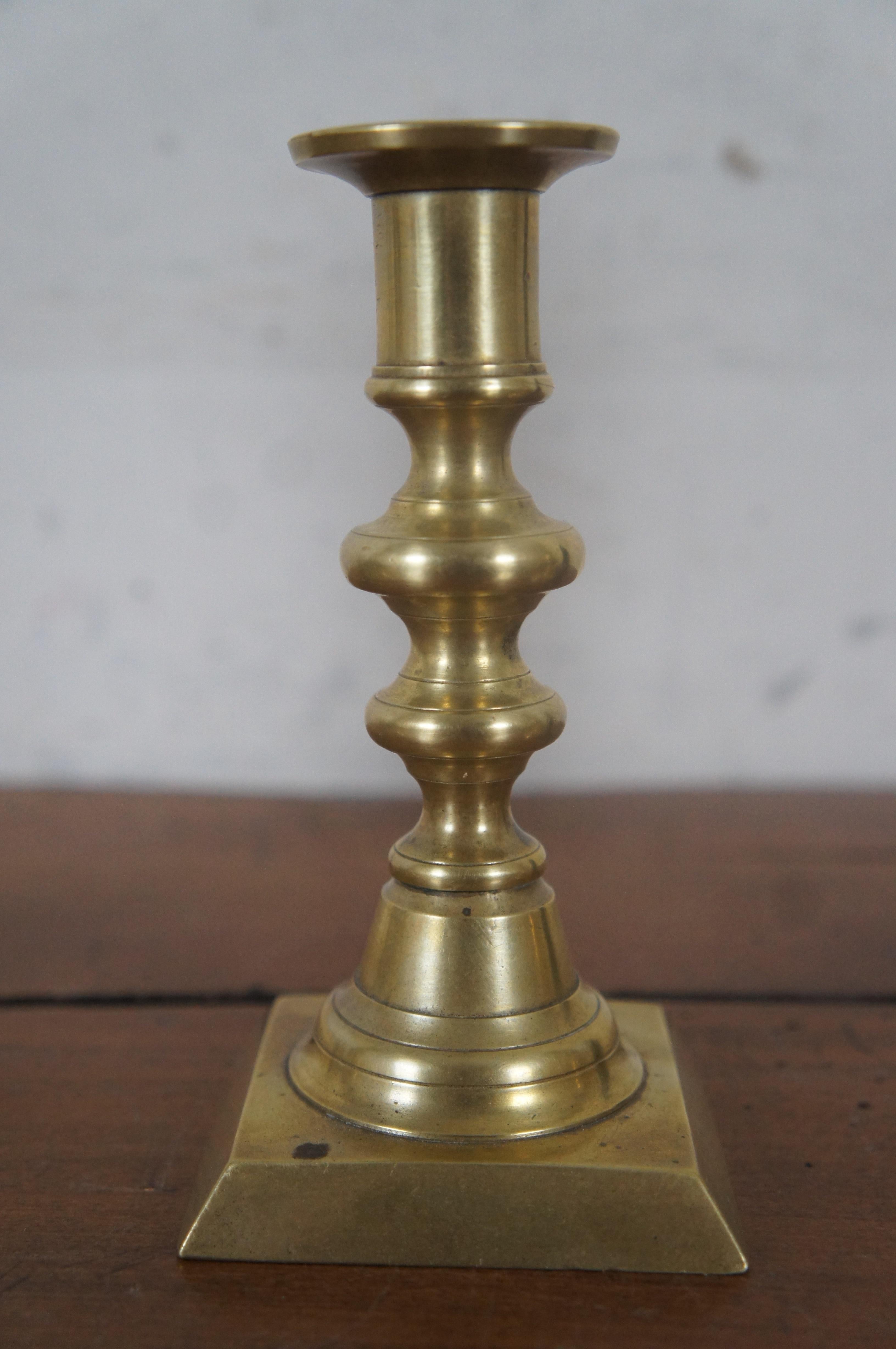 3 Antique English Spun Brass Push Up Candlesticks Candle Holders 8