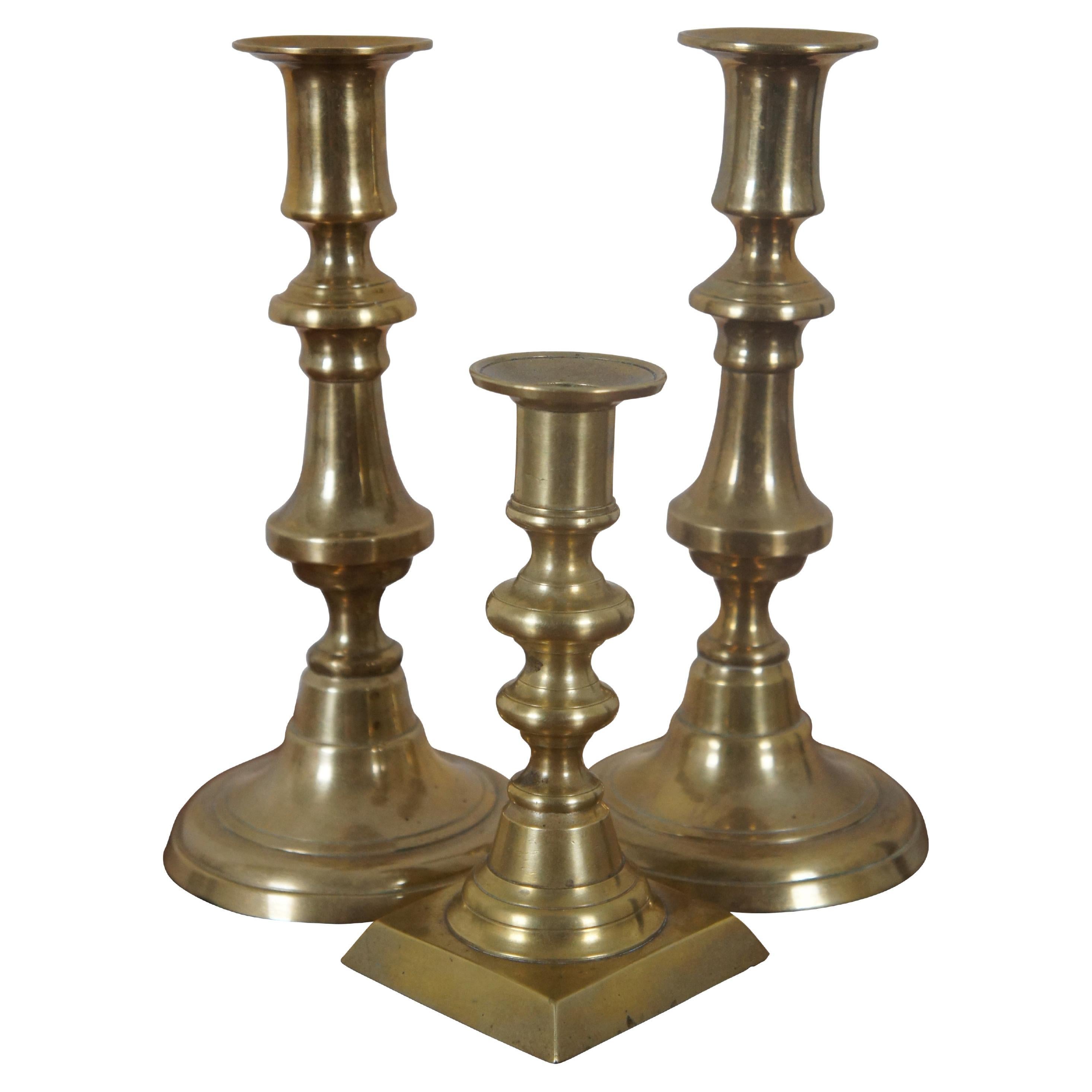 3 Antique English Spun Brass Push Up Candlesticks Candle Holders 8" For Sale