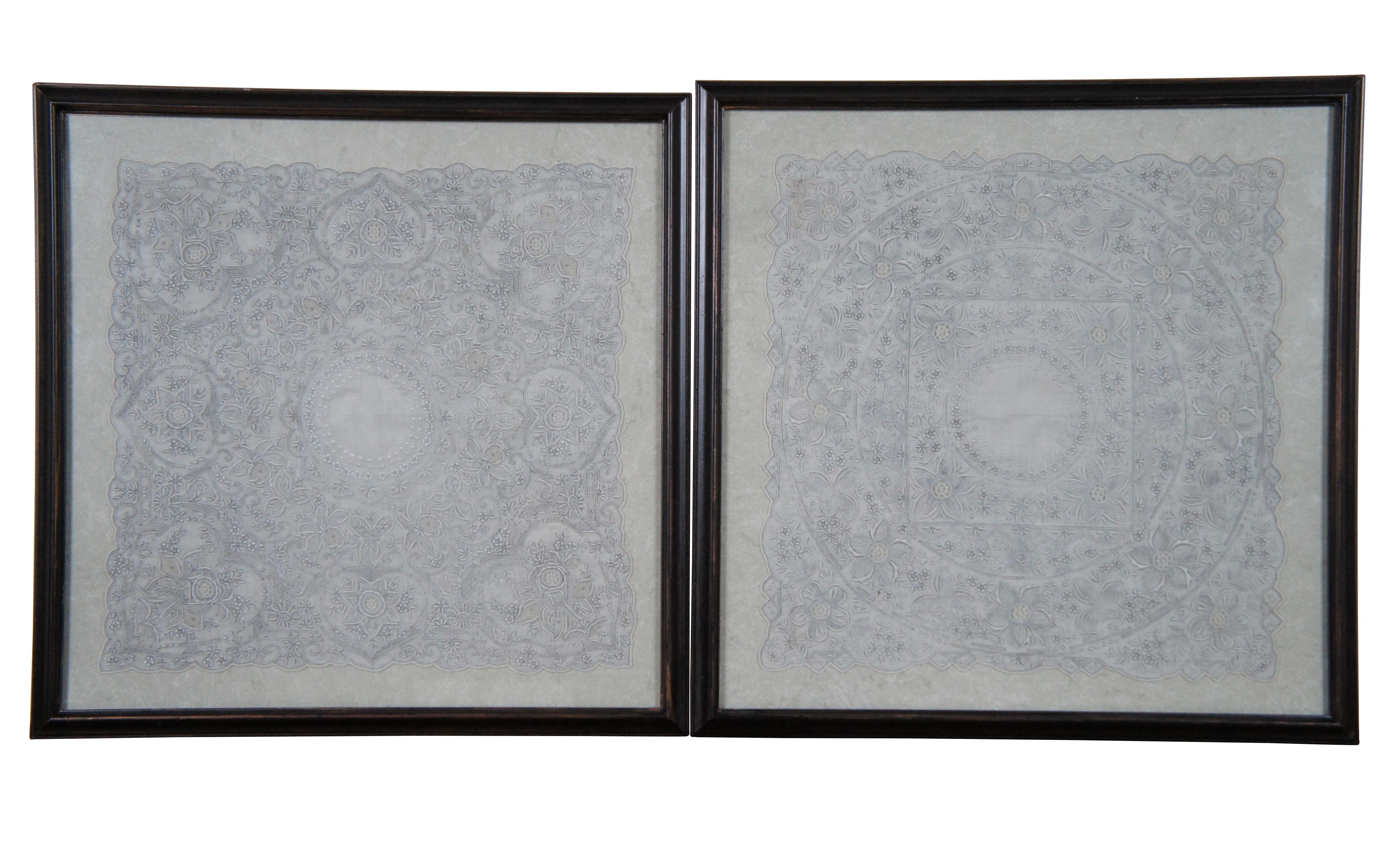 3 Antique Floral Embroidered Belgian Lace Handkerchiefs Wedding Framed In Good Condition In Dayton, OH
