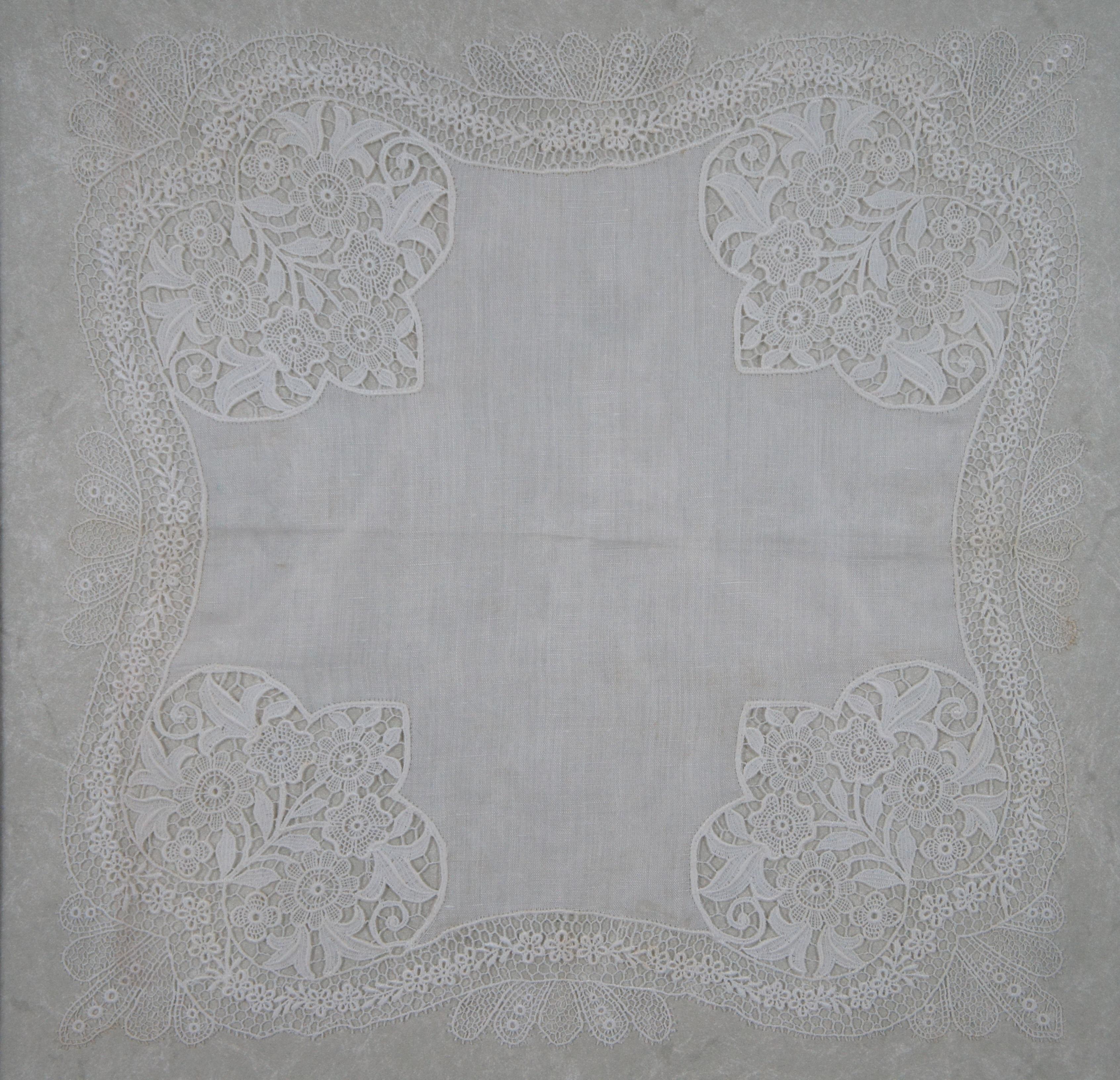 3 Antique Floral Embroidered Belgian Lace Handkerchiefs Wedding Framed 4