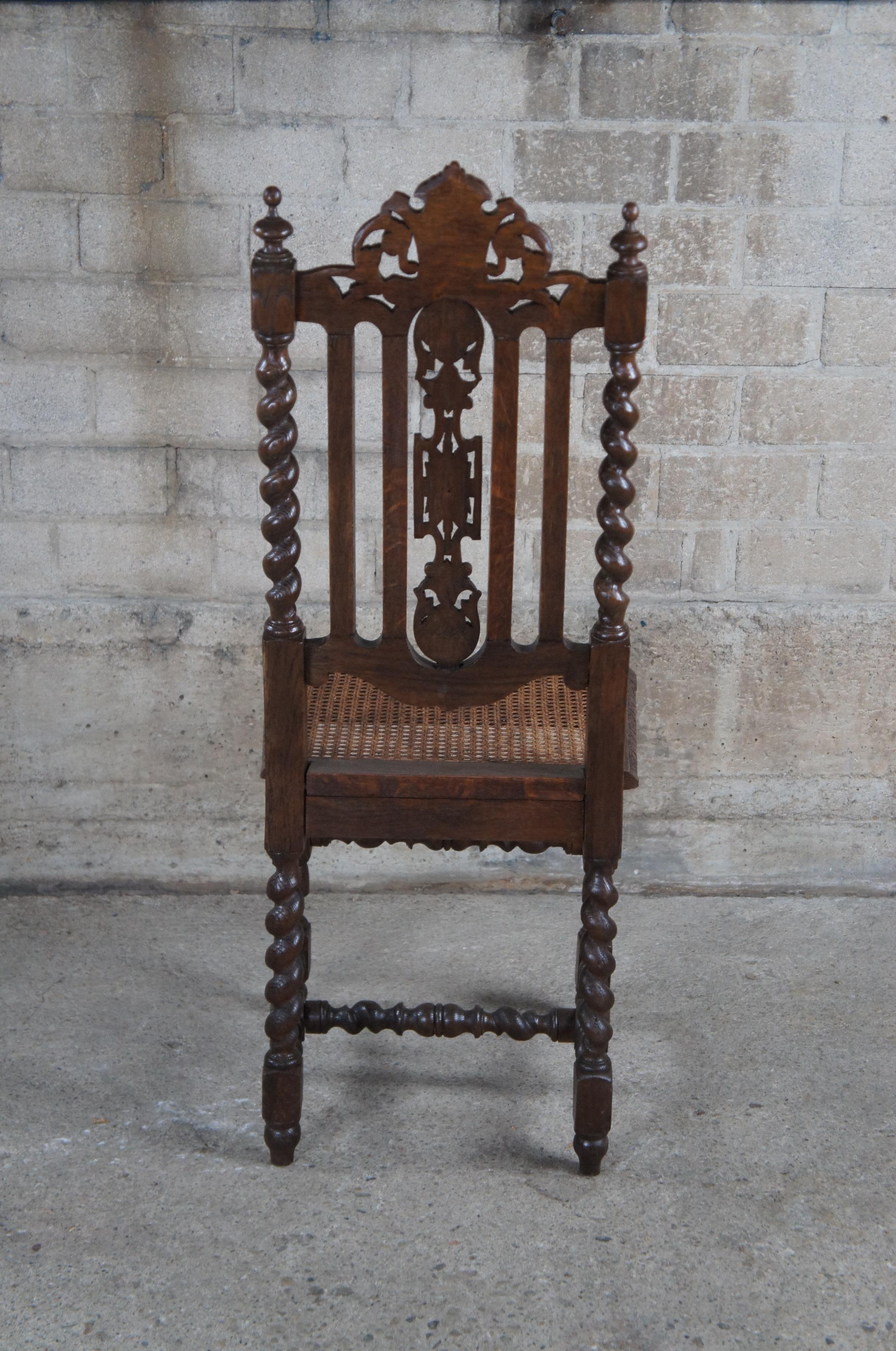3 Antique French Renaissance Carved Oak Caned Barley Twist Dining Side Chairs For Sale 6