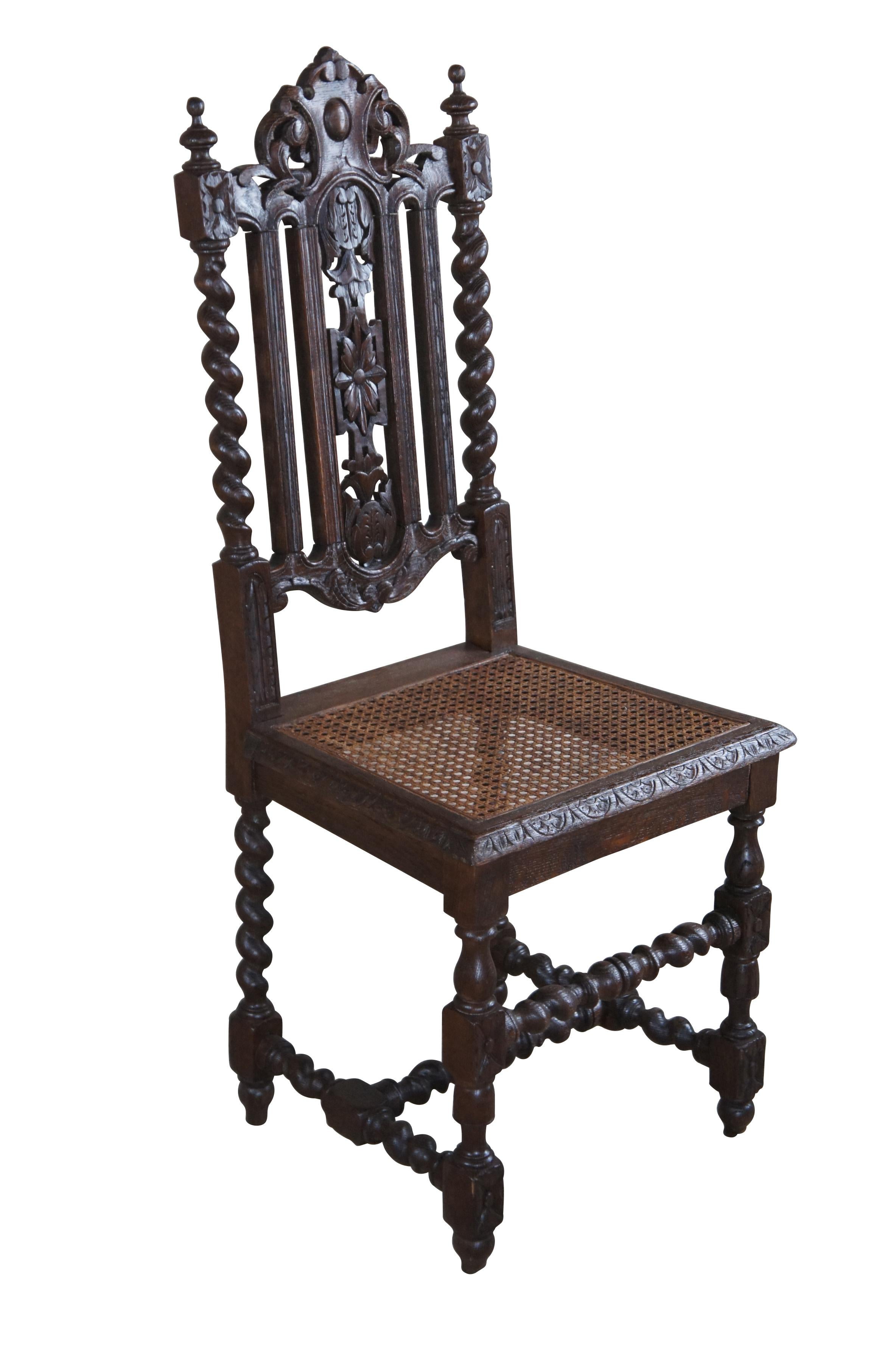 3 Antike French Renaissance Eiche geschnitzt Caned Barley Twist Dining Side Chairs im Zustand „Gut“ im Angebot in Dayton, OH