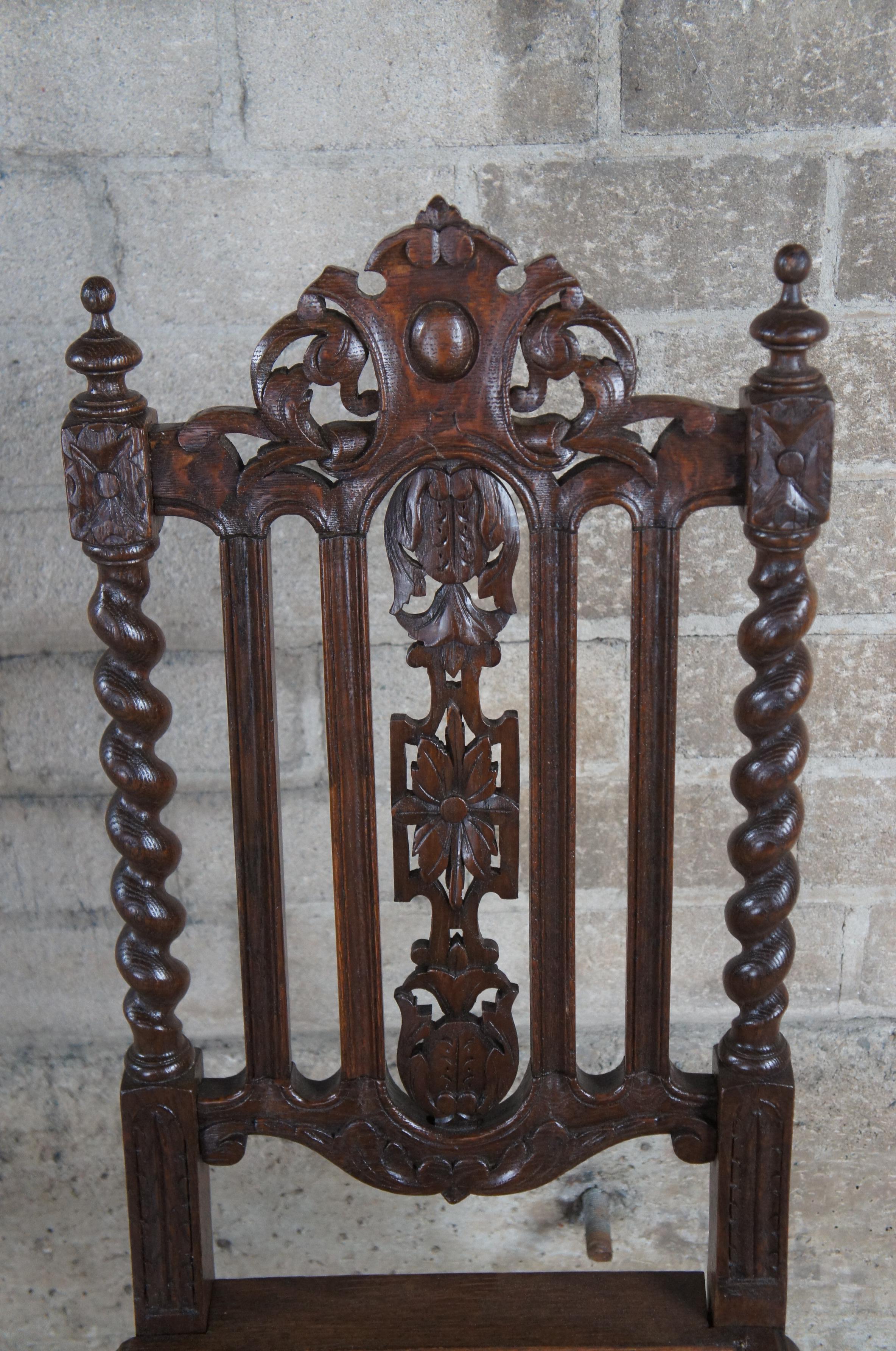 19th Century 3 Antique French Renaissance Carved Oak Caned Barley Twist Dining Side Chairs For Sale
