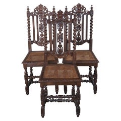 3 Antique French Renaissance Carved Oak Caned Barley Twist Dining Side Chairs