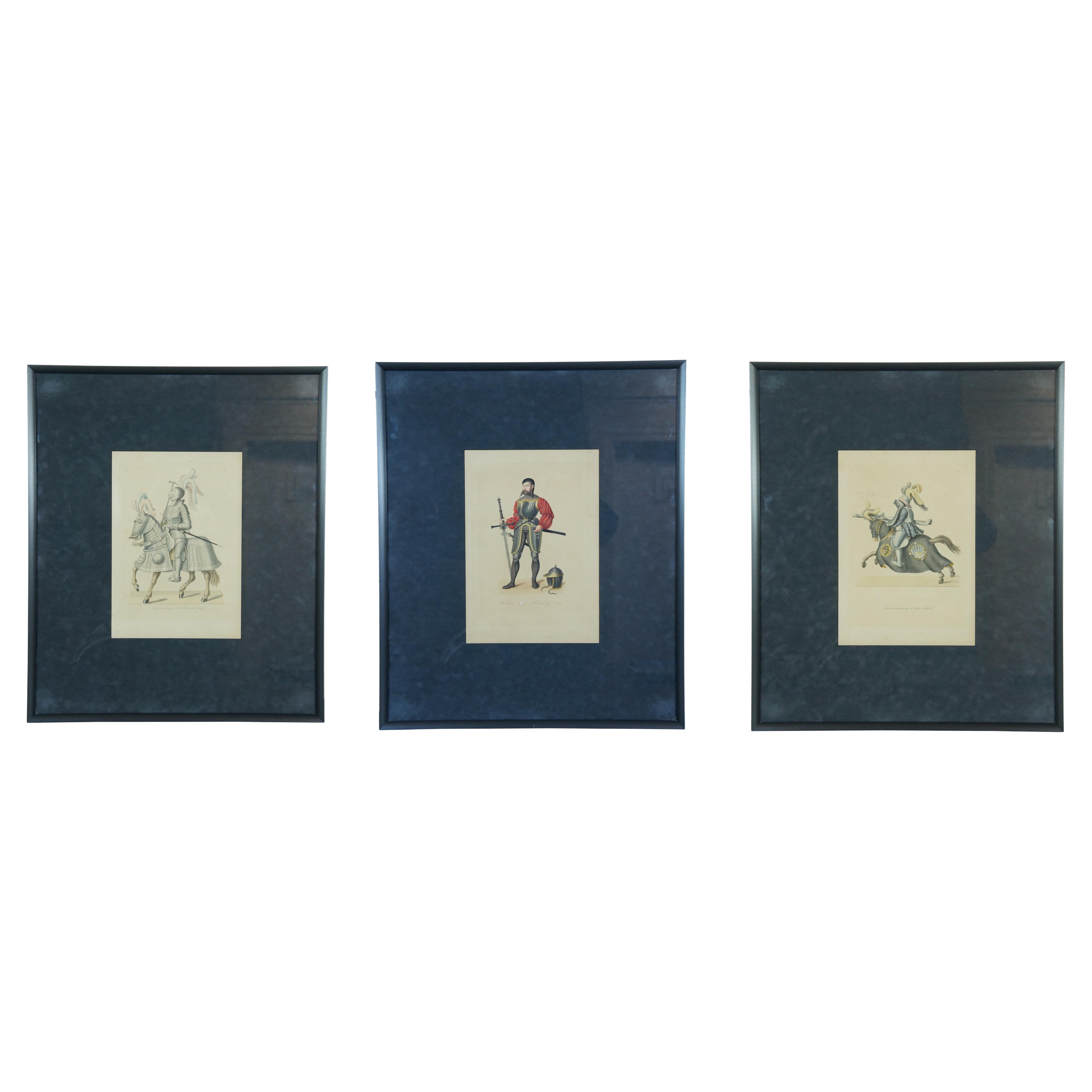 3 Antique German Hefner Alteneck Medieval Knights Armour Lithograph Prints 24"