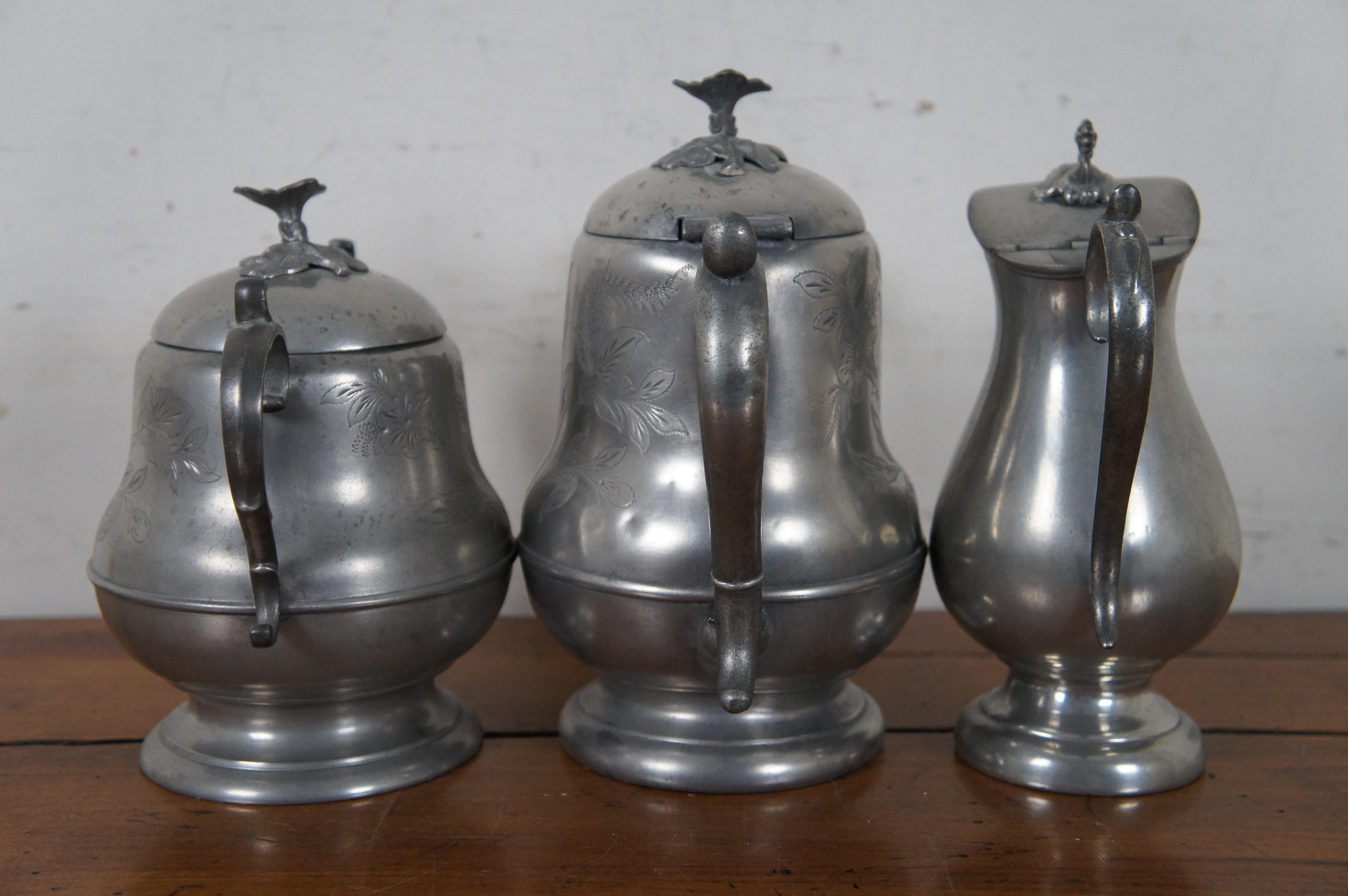 Victorian 3 Antique H. Homan & Co Pewter Tea Coffee Teapot Sugar Bowl Creamer For Sale