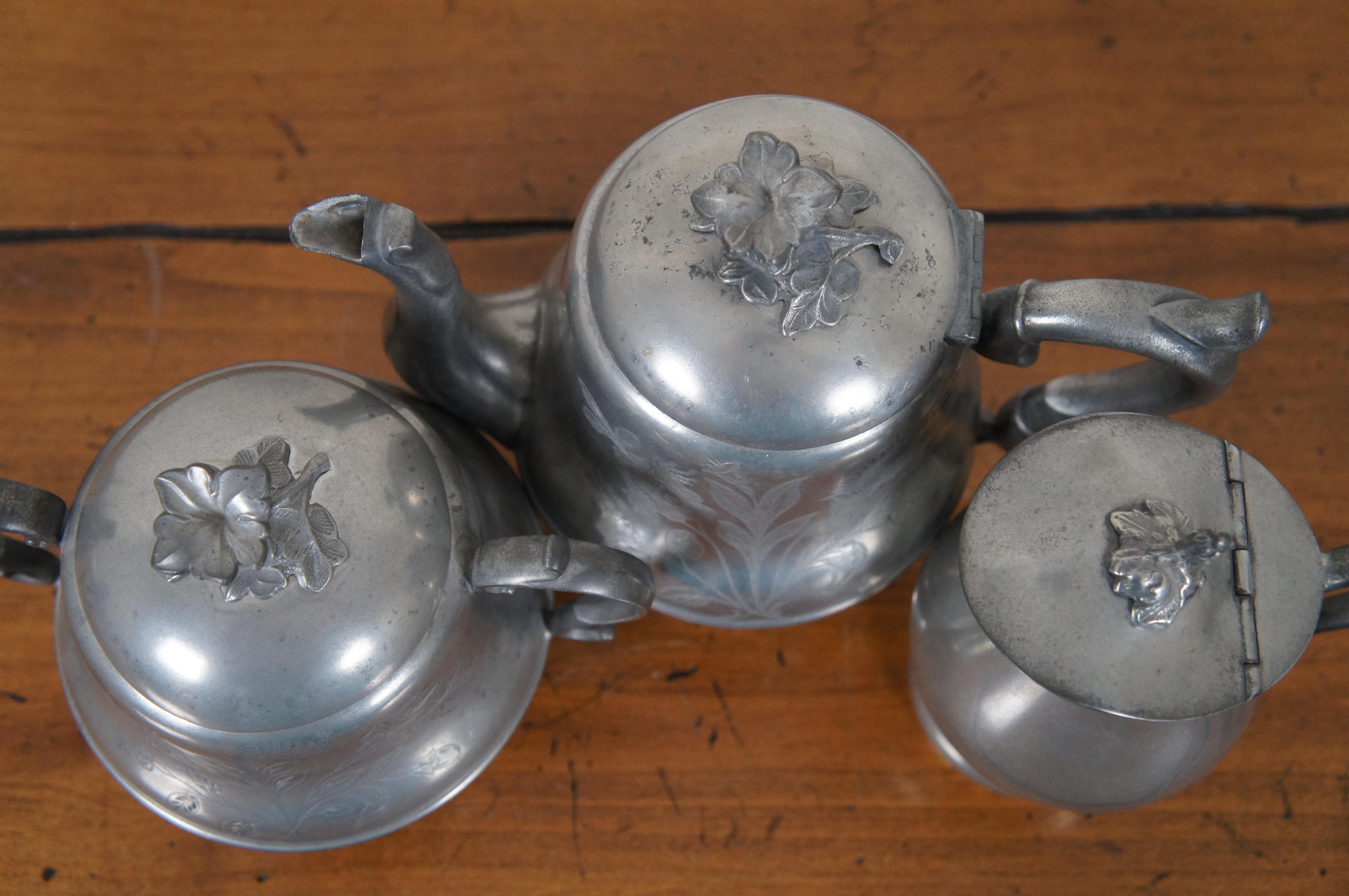 3 Antique H. Homan & Co Pewter Tea Coffee Teapot Sugar Bowl Creamer In Good Condition For Sale In Dayton, OH