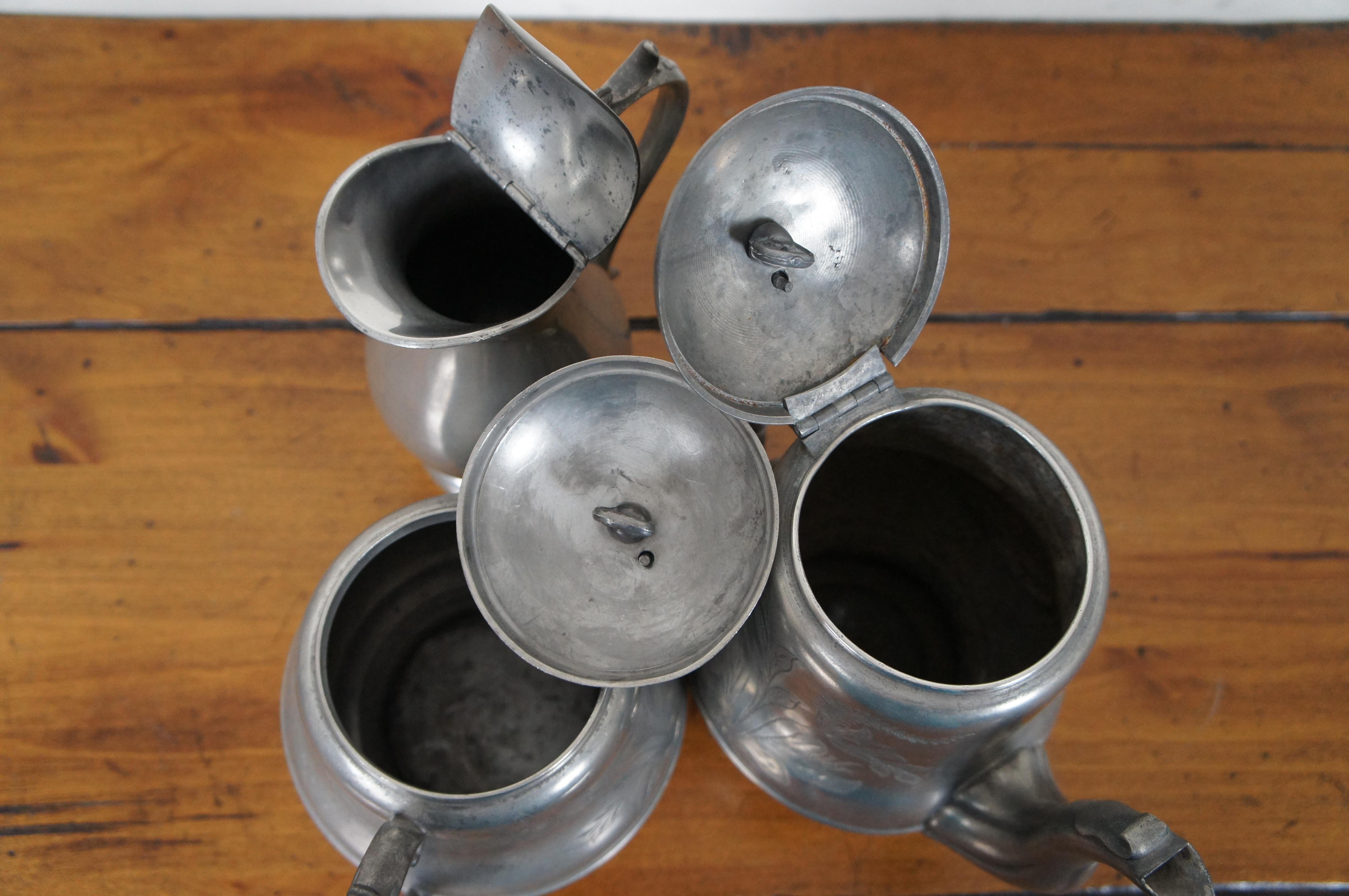 Late 19th Century 3 Antique H. Homan & Co Pewter Tea Coffee Teapot Sugar Bowl Creamer For Sale