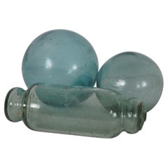3 Antique Hand Blown Green Glass Japanese Float Nautical Buoy Marker Rolling Pin