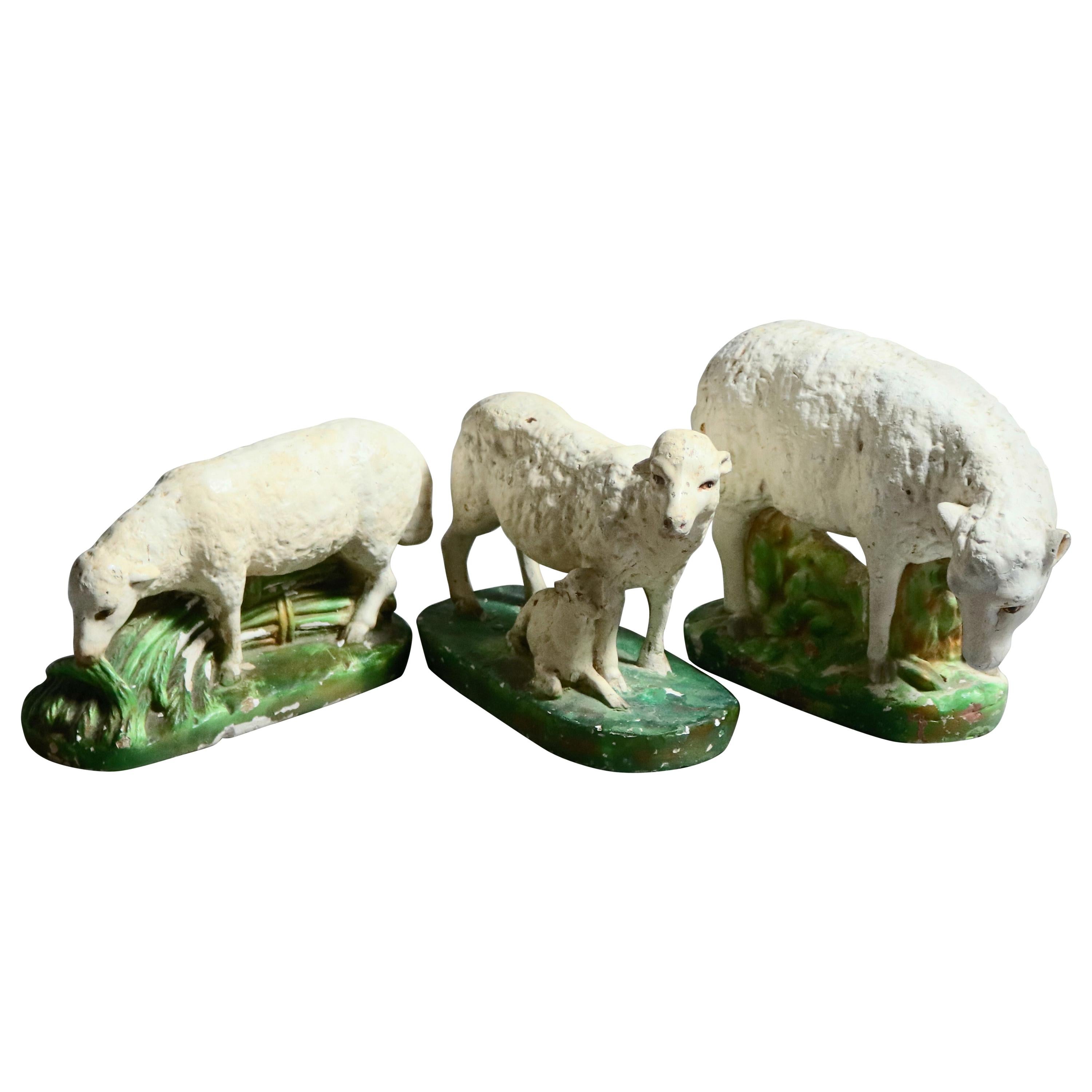 3 Antique Hand Painted Figural Chalkware Sheep, circa 1820