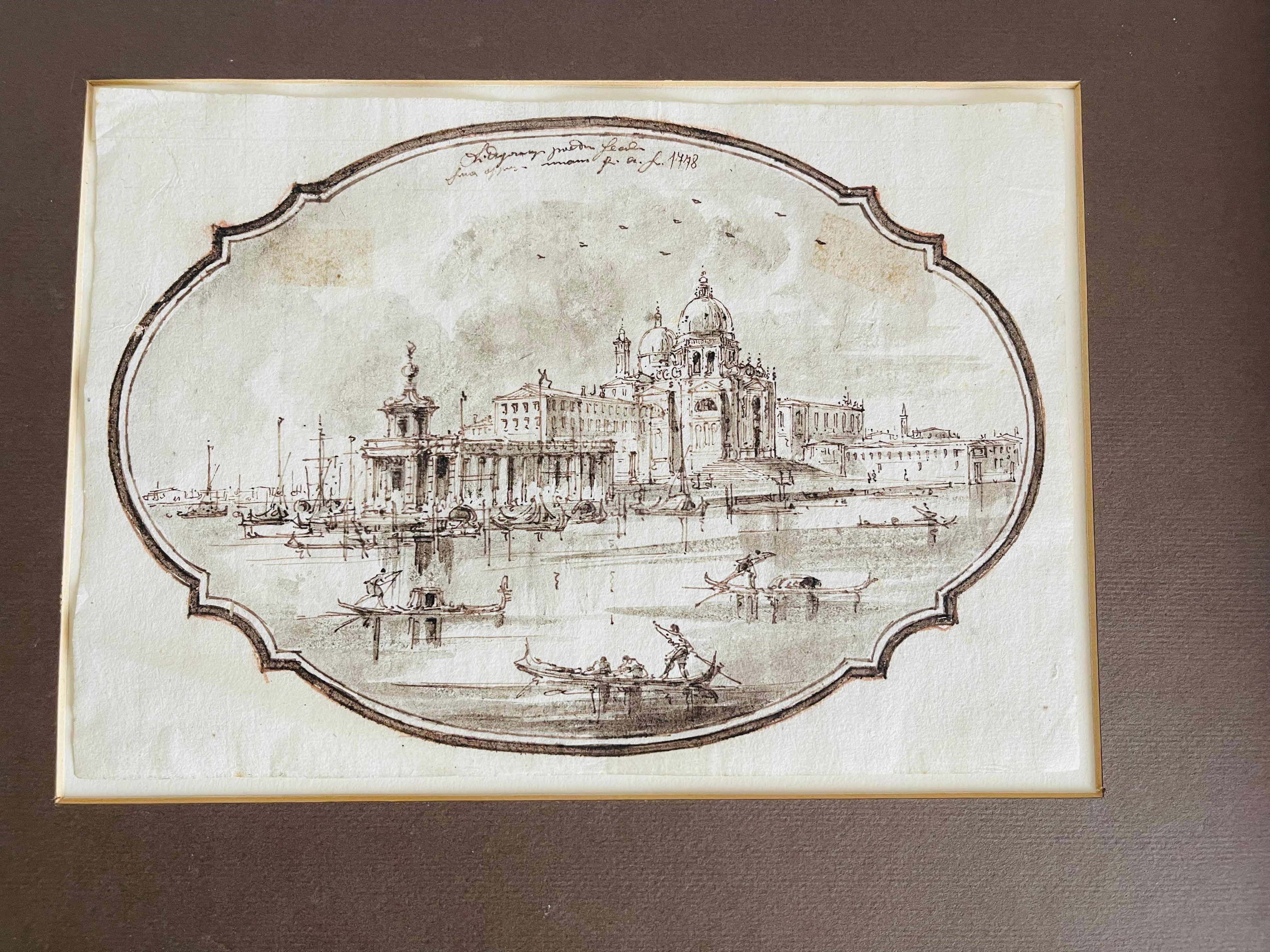 Baroque 3 Antique Italian Views of Venice Drawings 1778 For Sale