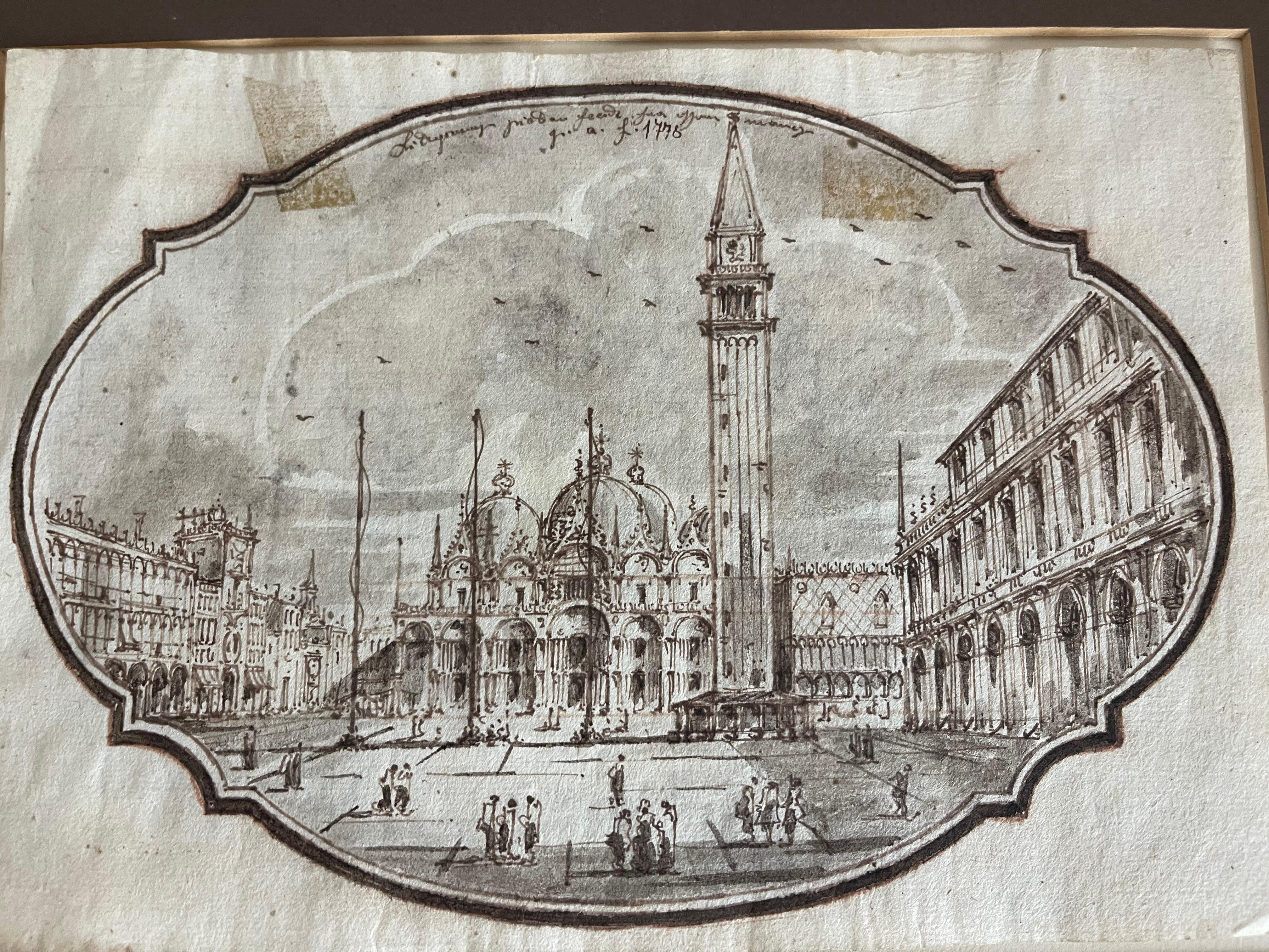 Paper 3 Antique Italian Views of Venice Drawings 1778 For Sale