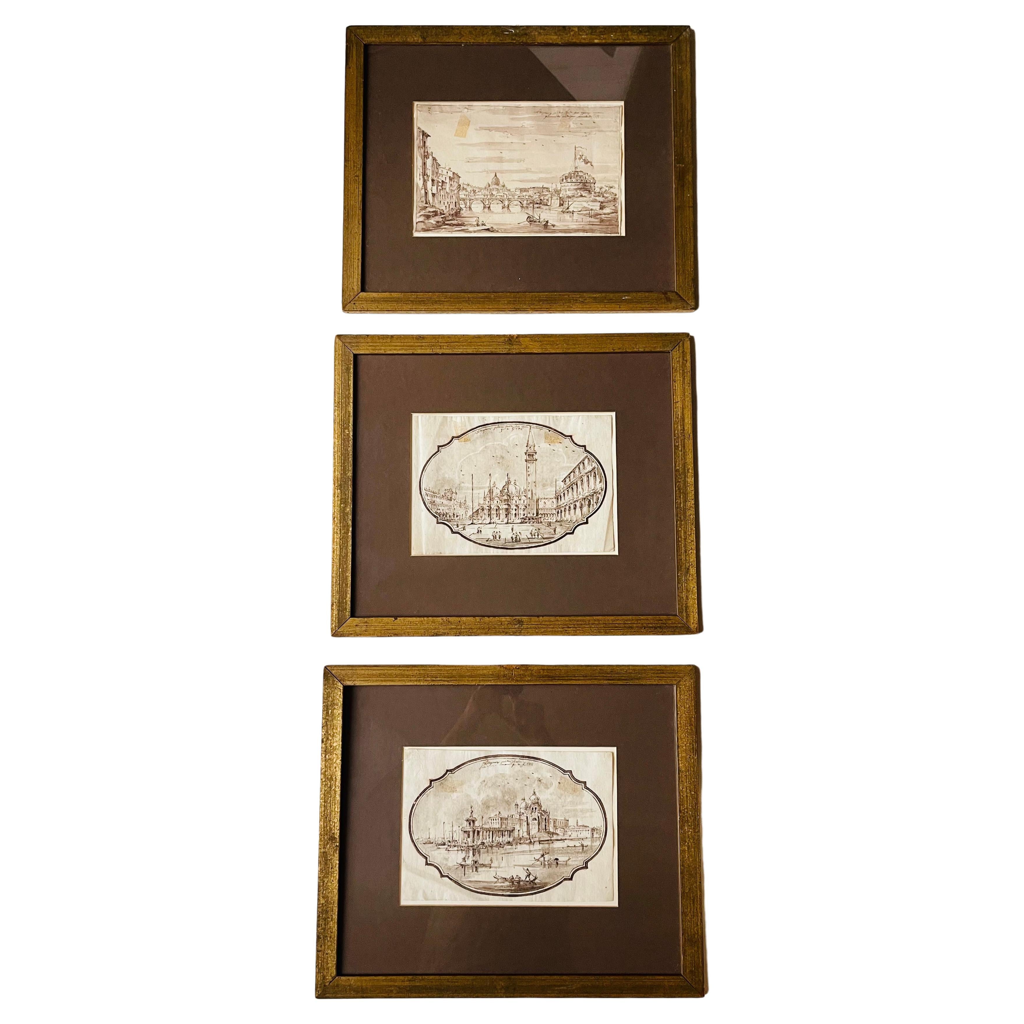 3 Antique Italian Views of Venice Drawings 1778 For Sale