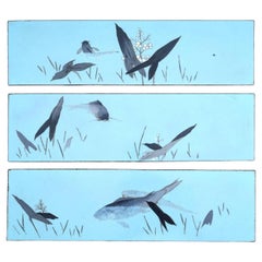3 plaques murales japonaises anciennes de style Meiji en émail cloisonné représentant des poissons