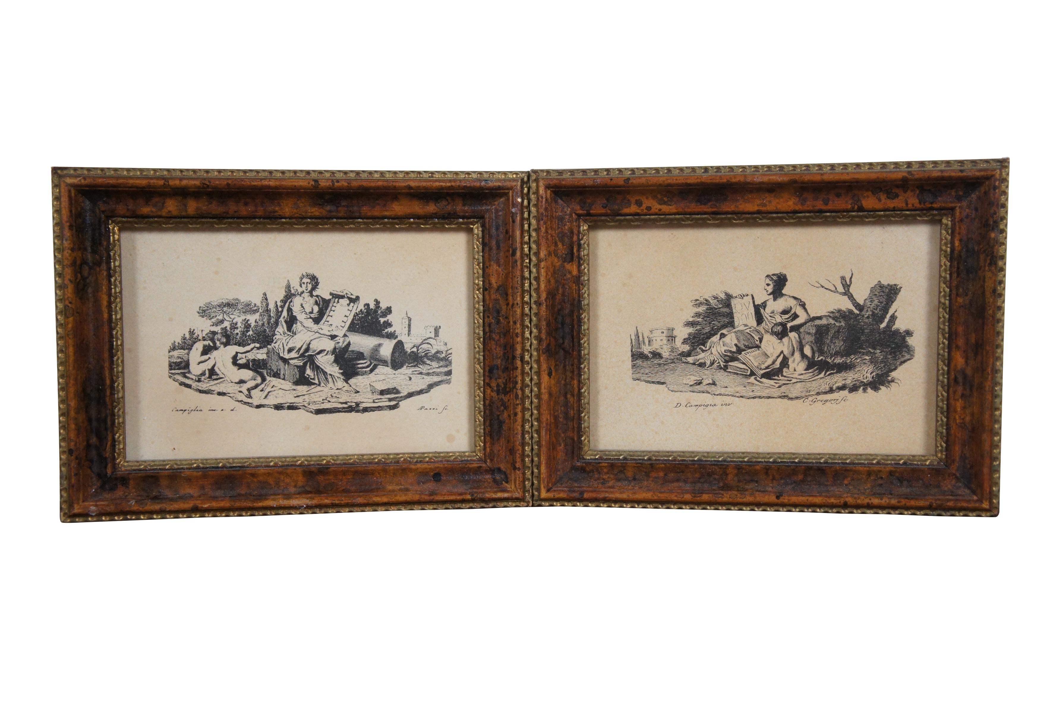 Set of 3 late 19th-early 20th century neoclassical engravings after the work of Giovanni Domenico Campiglia. Prints feature women / children / puttis / cherub figures in classical Roman / Italian landscapes and ruins. Mottled antiqued frame with