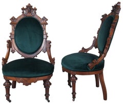 3 Antique Renaissance Revival Walnut Burl Carved Balloon Back Parlor Side Chairs