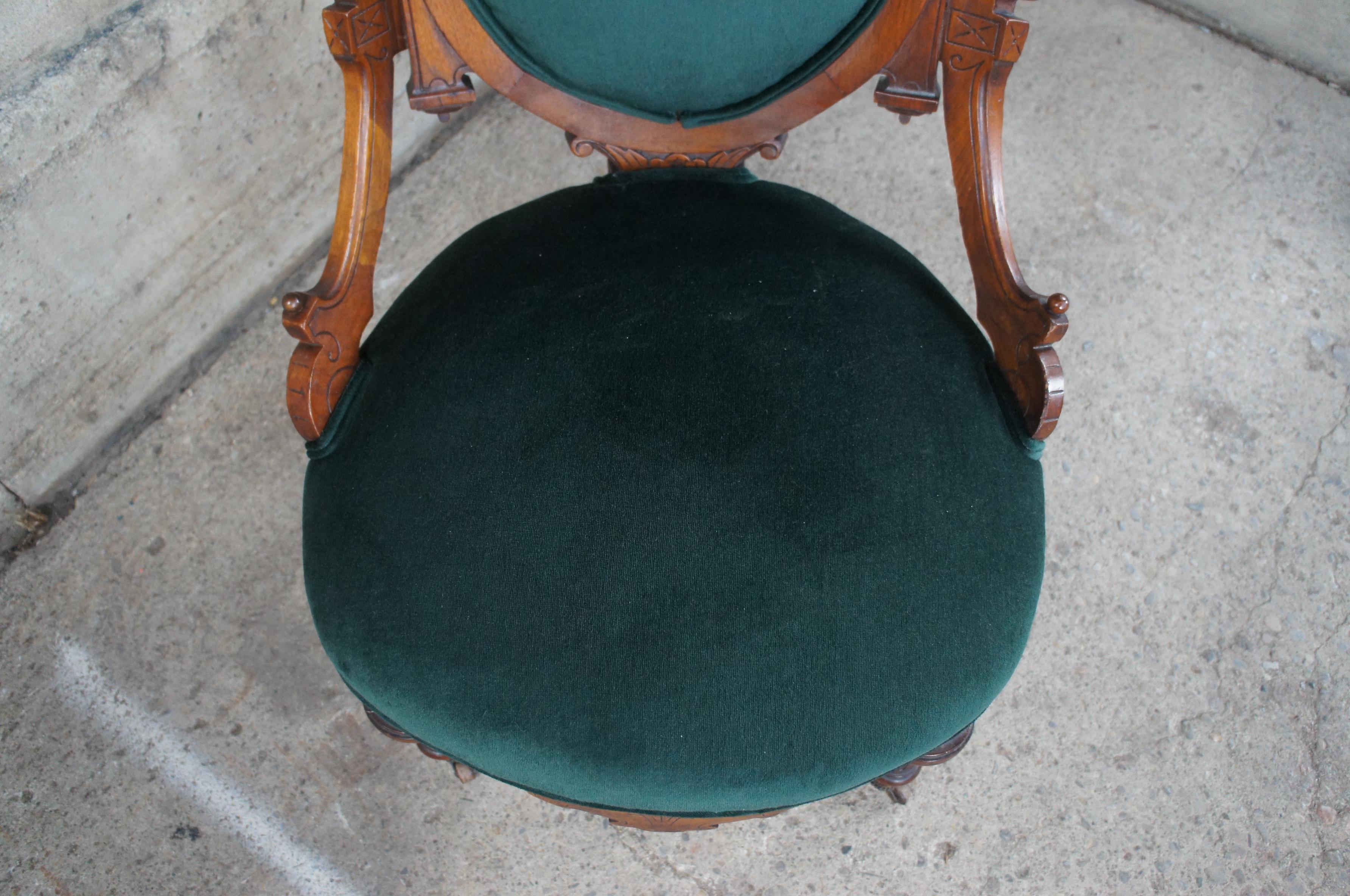 Velvet 3 Antique Renaissance Revival Walnut Burl Carved Balloon Back Parlor Side Chairs
