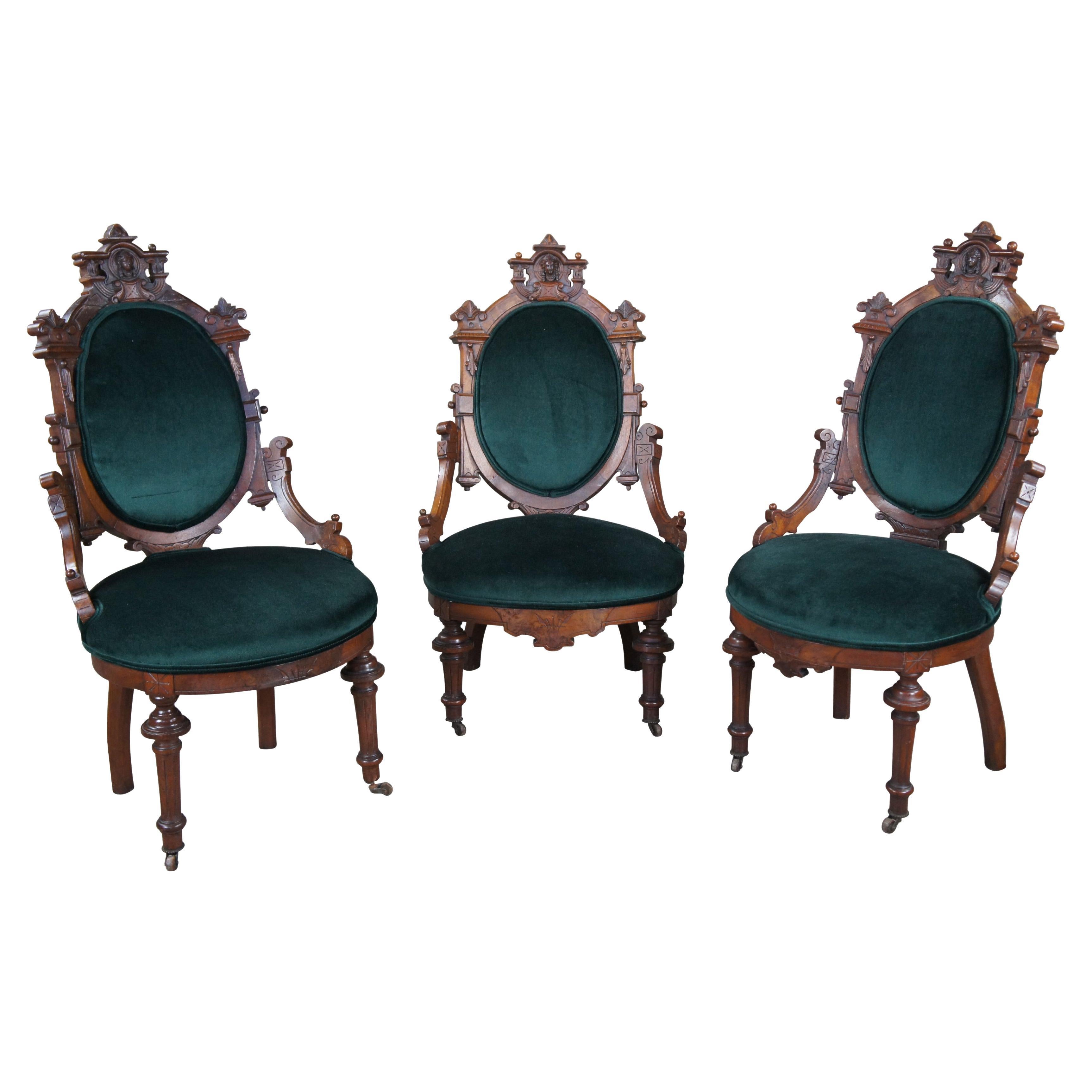 3 Antique Renaissance Revival Walnut Burl Carved Balloon Back Parlor Side Chairs
