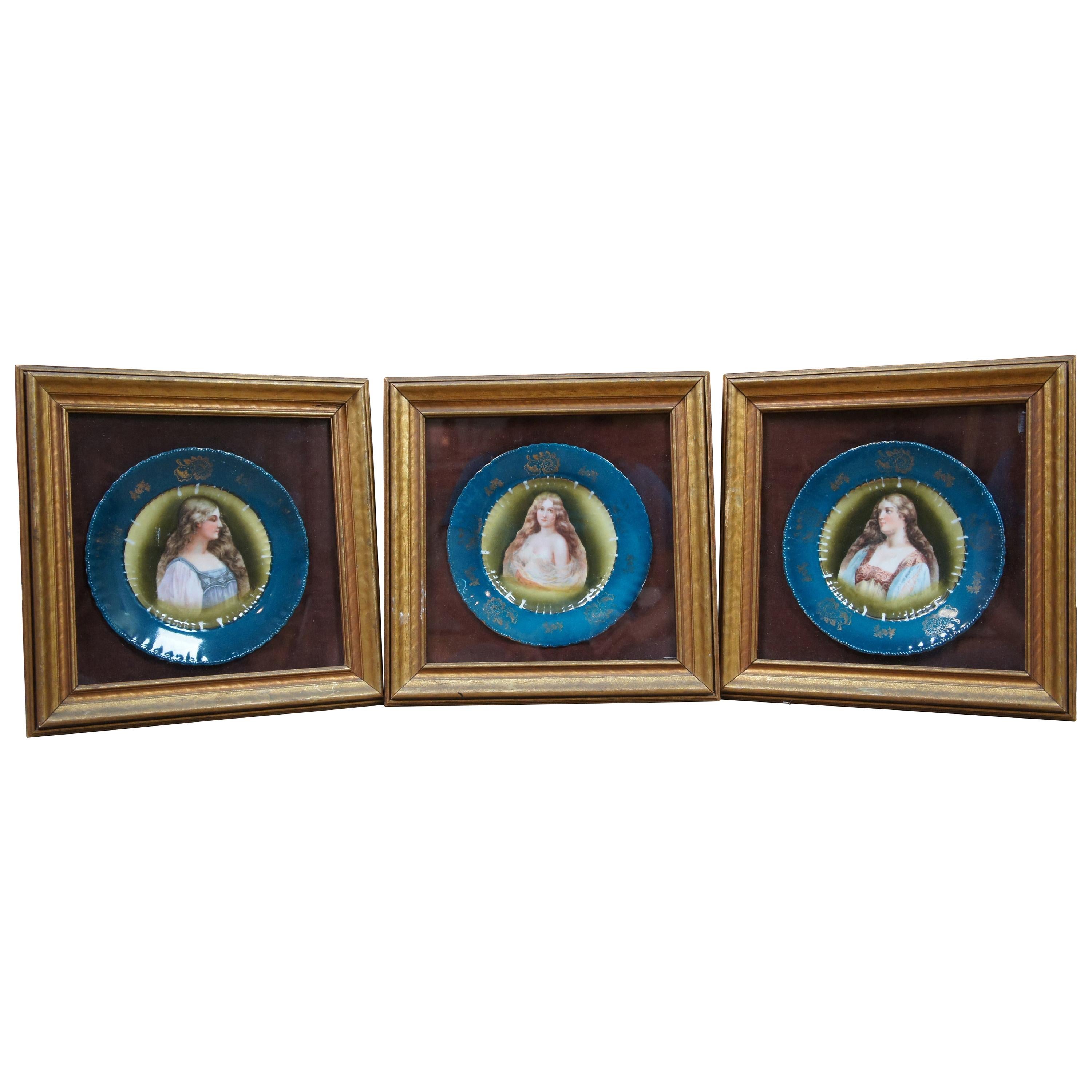 3 assiettes à portrait anciennes en portrait de la Renaissance en porcelaine de Chine de style victorien autrichien (antiquités)