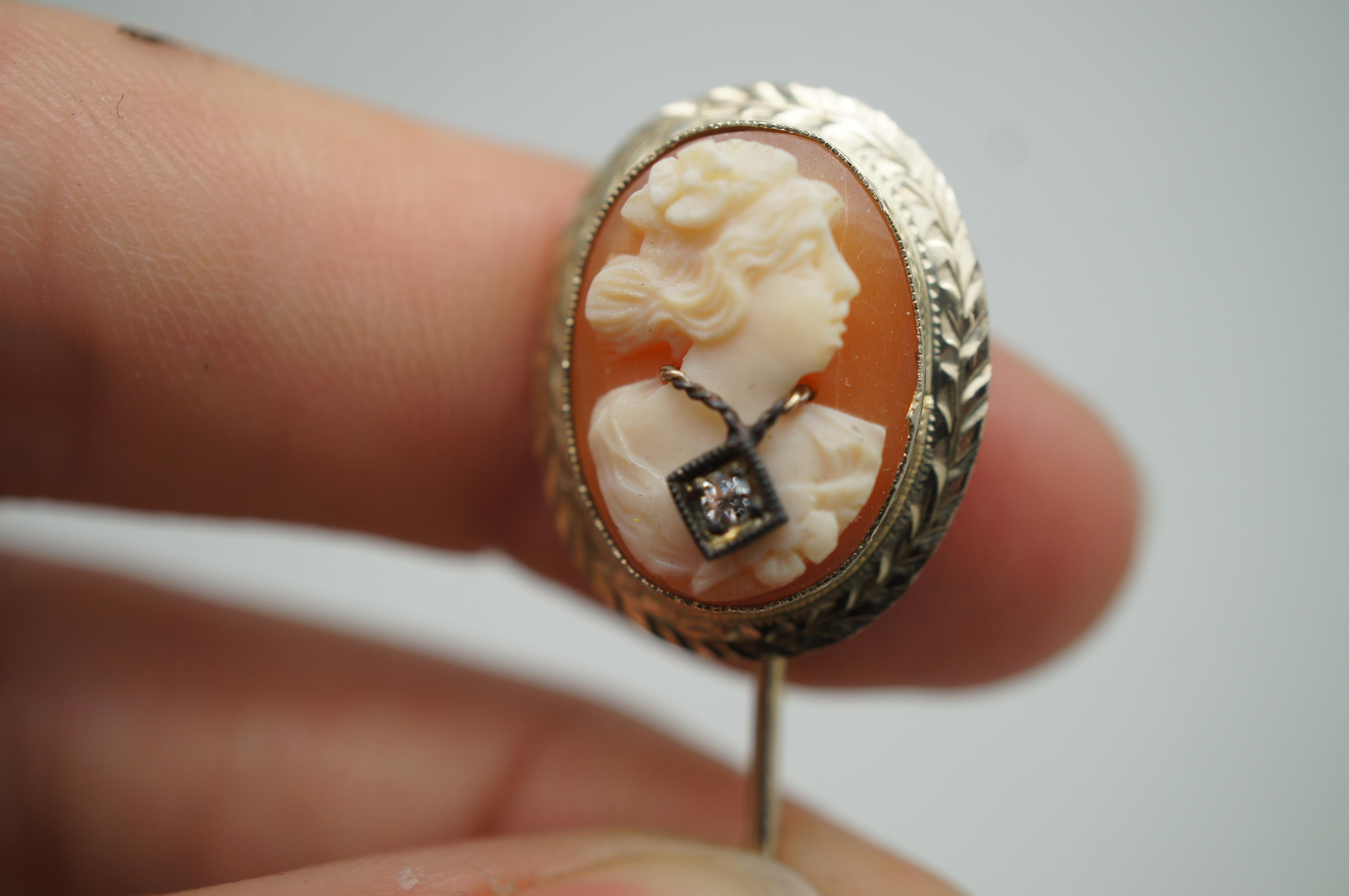 3 Antique Victorian 14k Gold Diamond 800 Silver Cameo Shell Brooch Pins Pendants For Sale 5