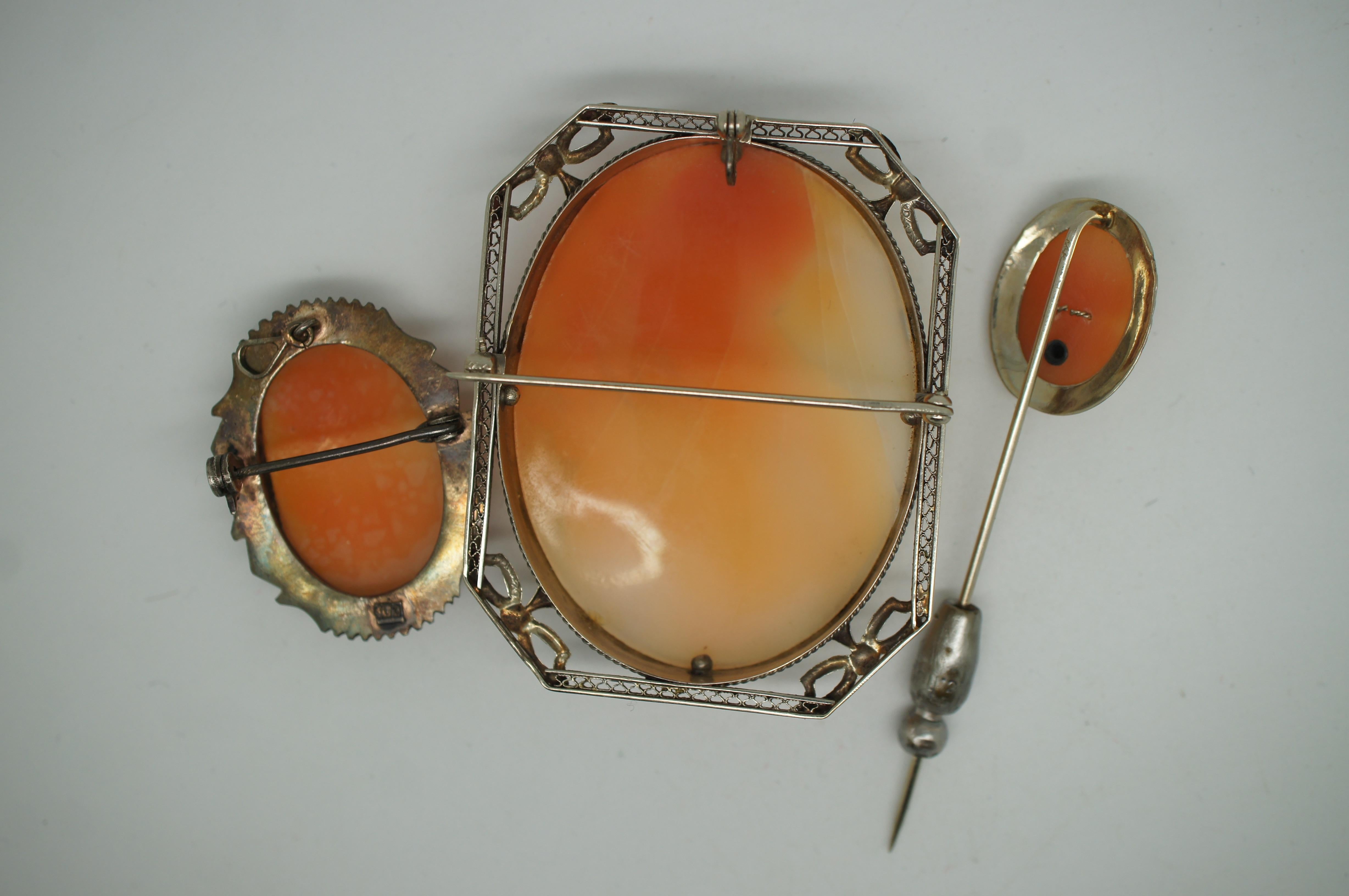 3 Antique Victorian 14k Gold Diamond 800 Silver Cameo Shell Brooch Pins Pendants In Good Condition For Sale In Dayton, OH