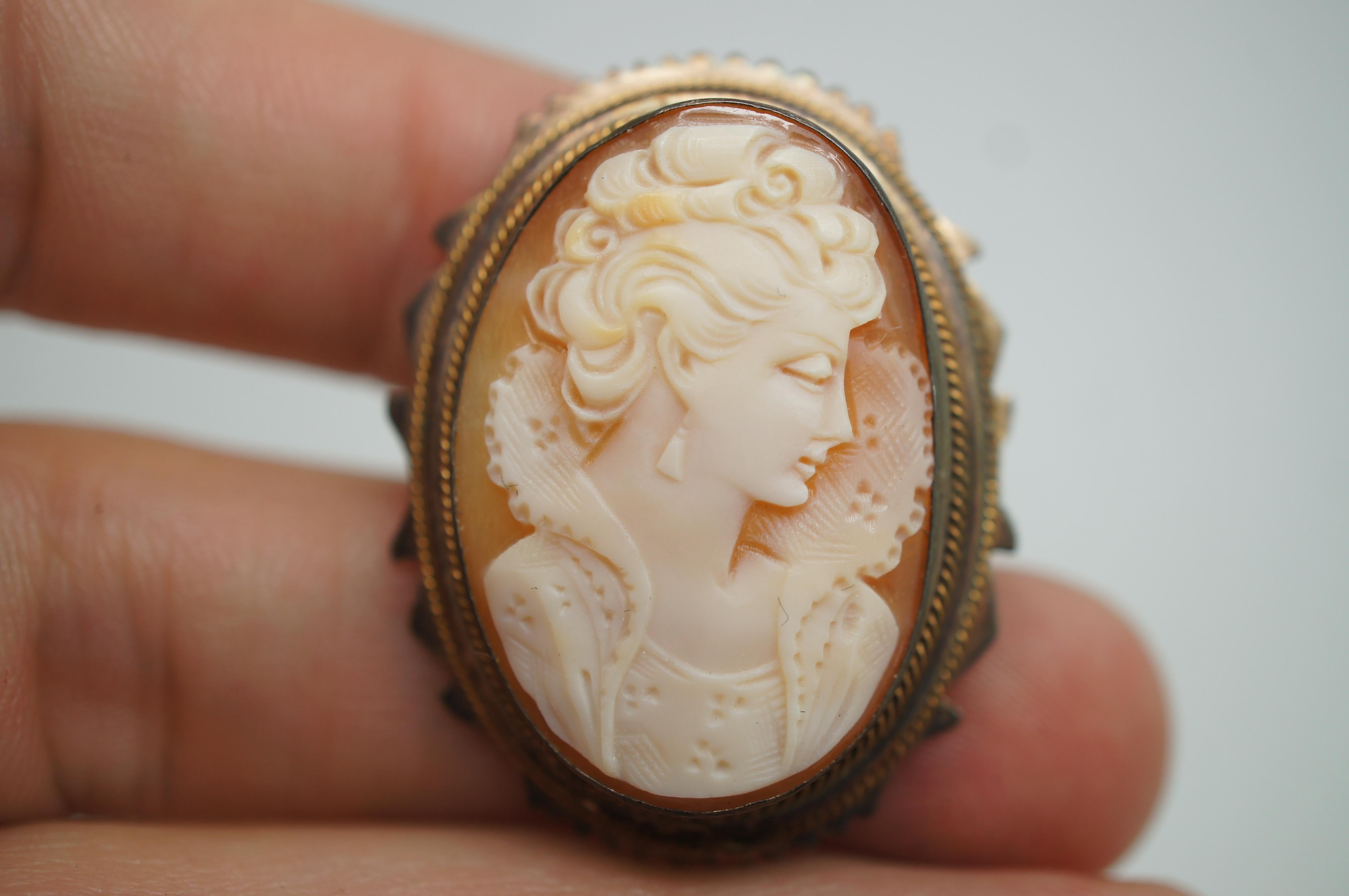 3 Antique Victorian 14k Gold Diamond 800 Silver Cameo Shell Brooch Pins Pendants For Sale 2