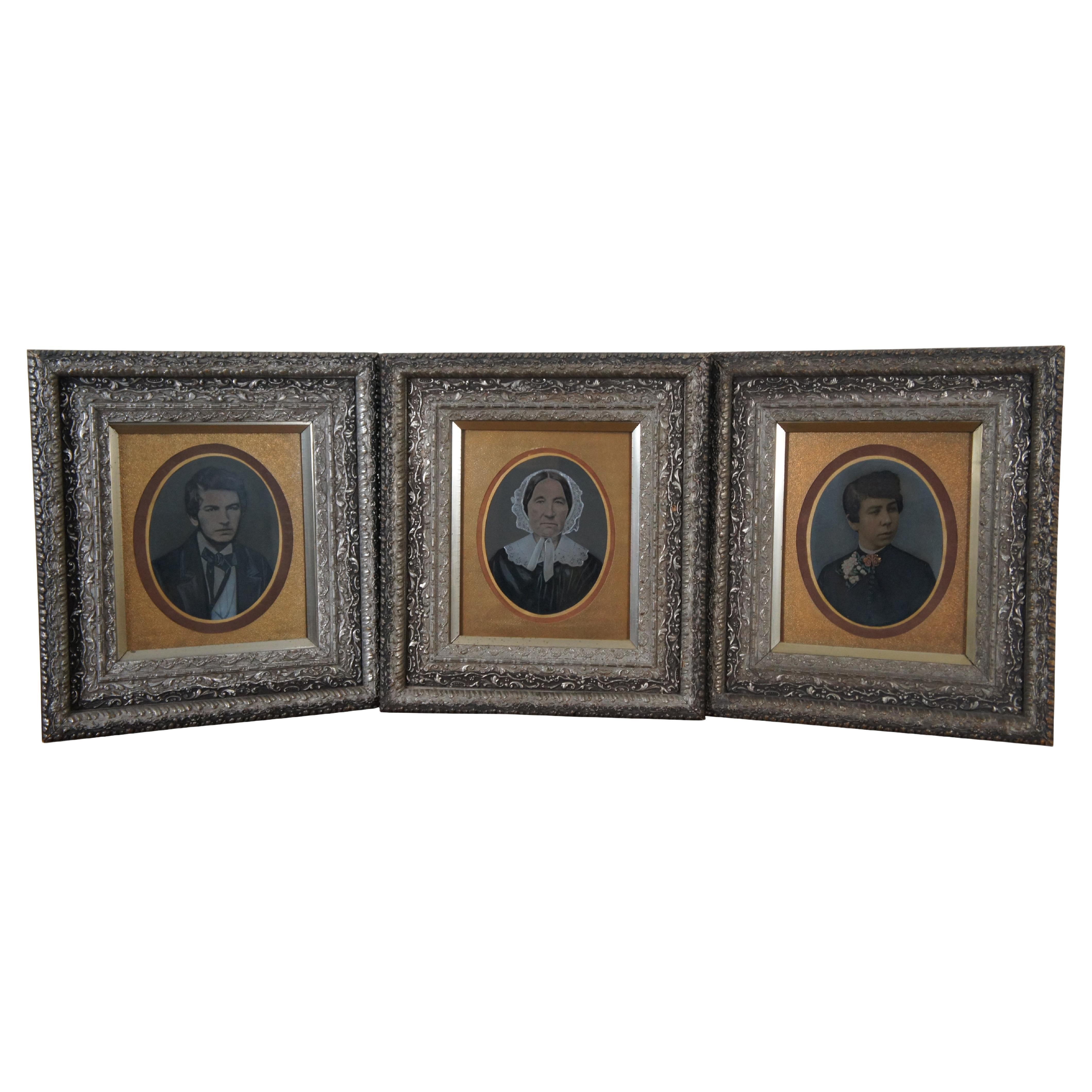 3 antike viktorianische verschönerte bemalte Fotografien, Familienporträts, 20" im Angebot