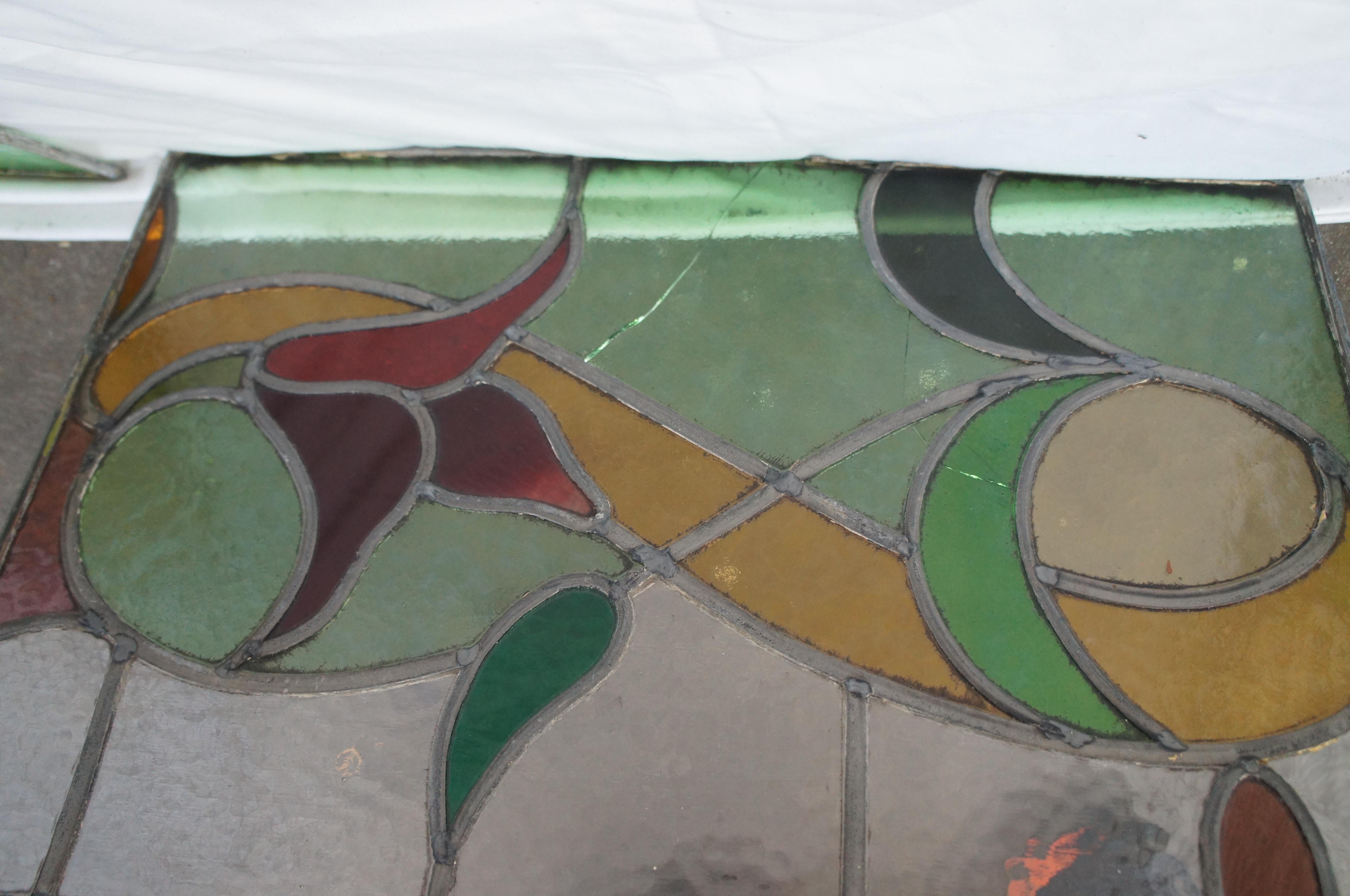 3 antiguos paneles de vidrieras emplomadas florales victorianas verdes en venta 5