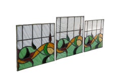 3 Antique Victorian Reclaimed Floral Leaded Stained Glass Window Panels Green