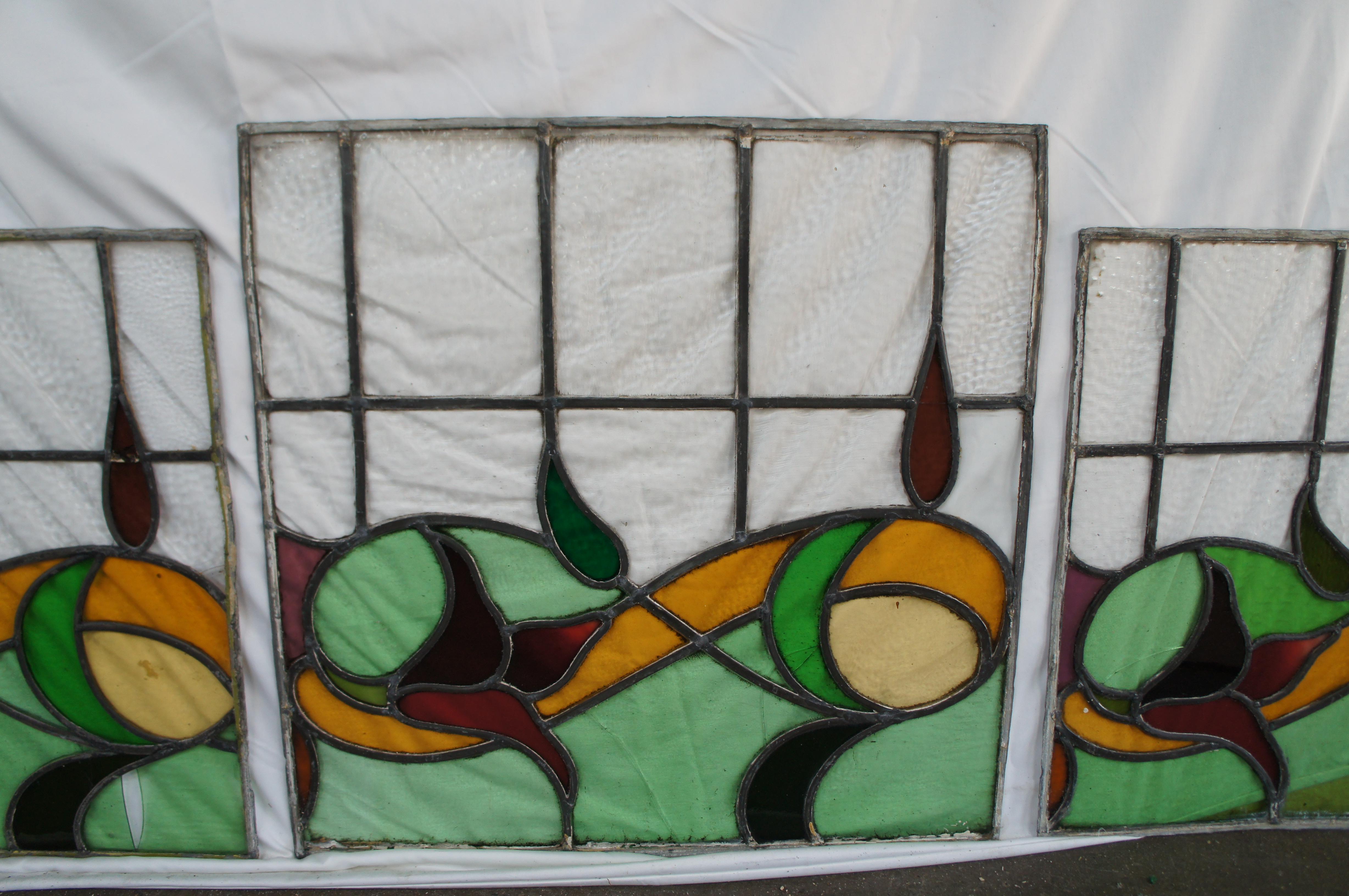 3 antiguos paneles de vidrieras emplomadas florales victorianas verdes siglo XIX en venta