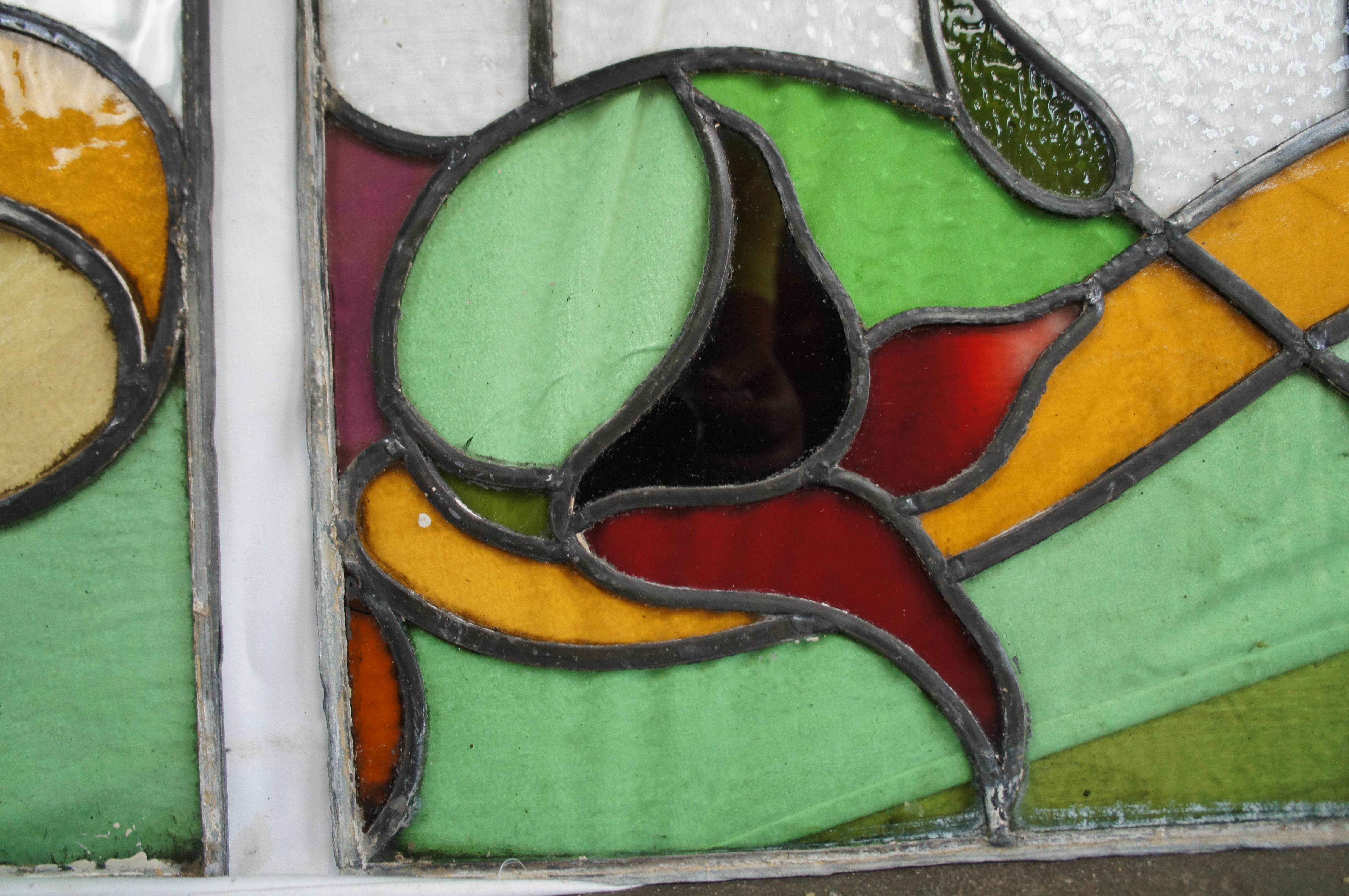 3 antiguos paneles de vidrieras emplomadas florales victorianas verdes en venta 2