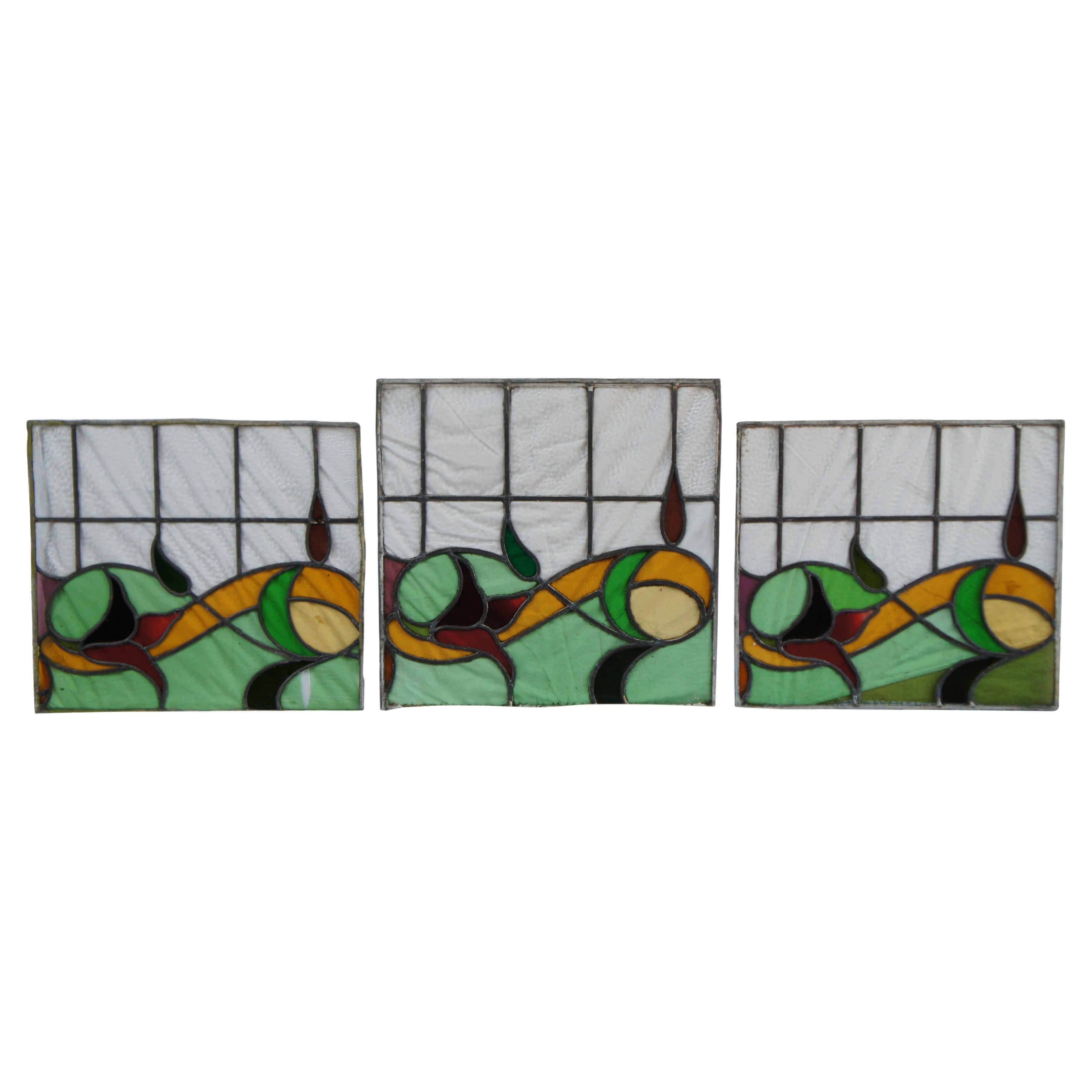 3 pannelli di vetrate antiche vittoriane di recupero con piombo floreale Greene & Greene