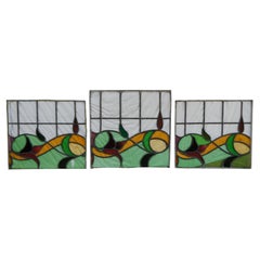 3 pannelli di vetrate antiche vittoriane di recupero con piombo floreale Greene & Greene