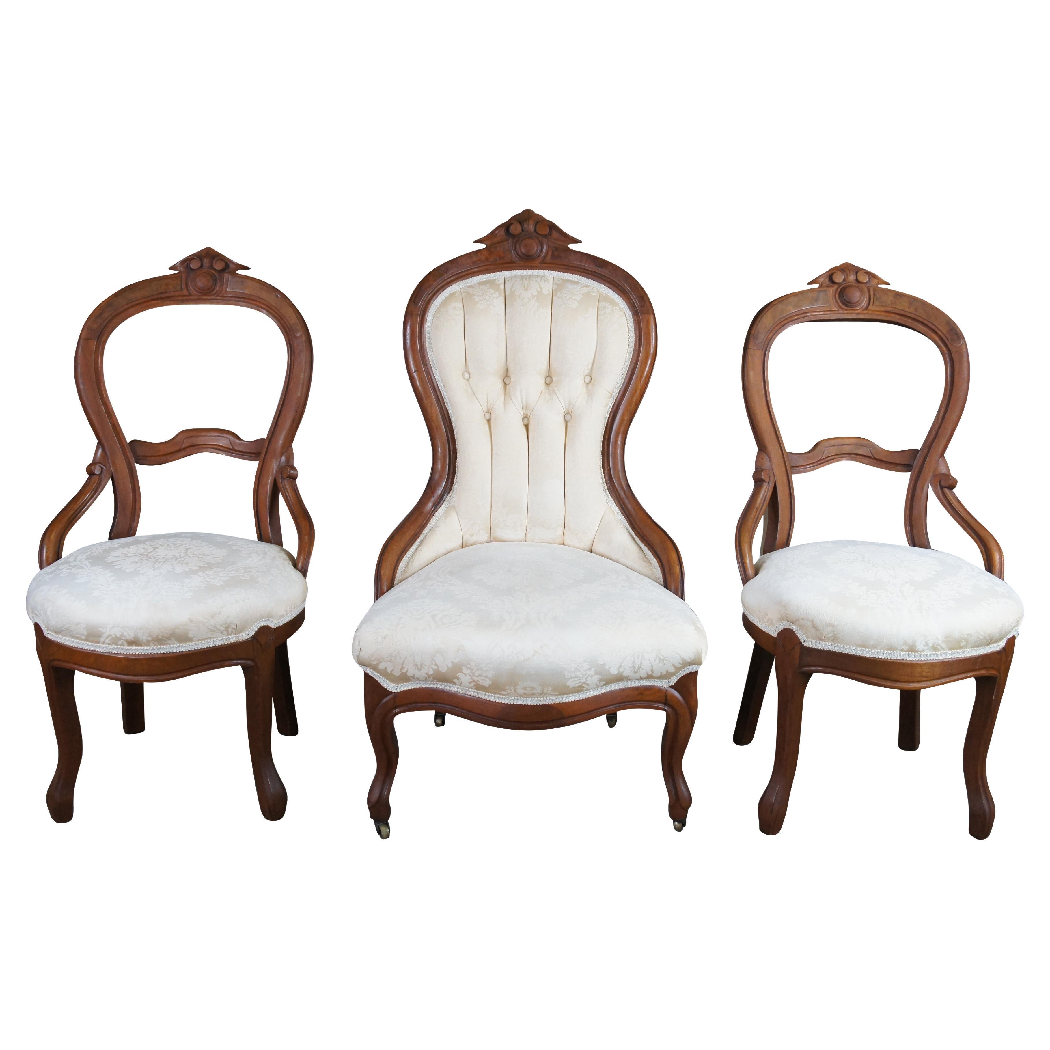 3 Antique Victorian Renaissance Revival Carved Walnut Upholstered Parlor Chairs en vente