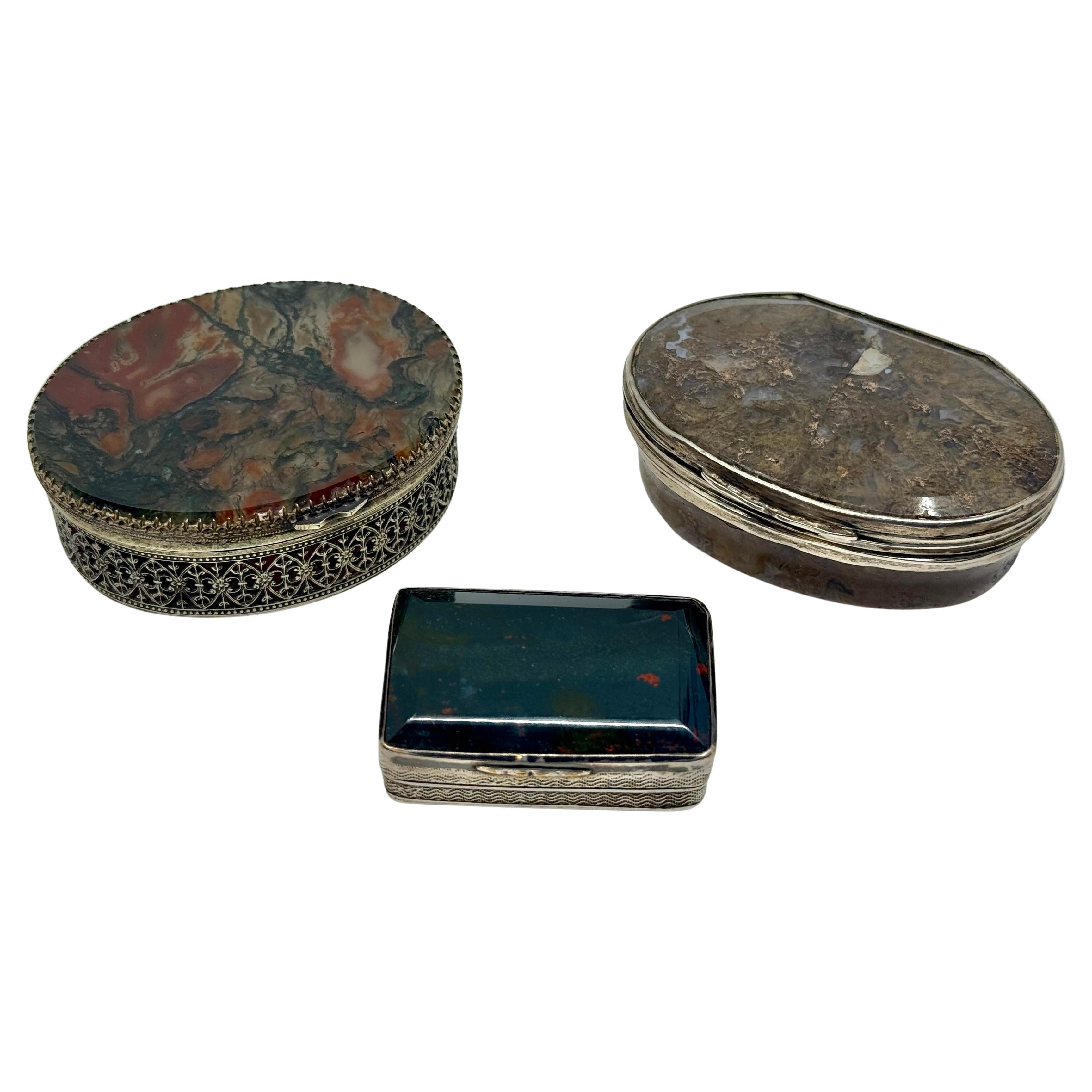 3 antiche tabacchiere o trinket box vittoriane con agata a bande e muschio