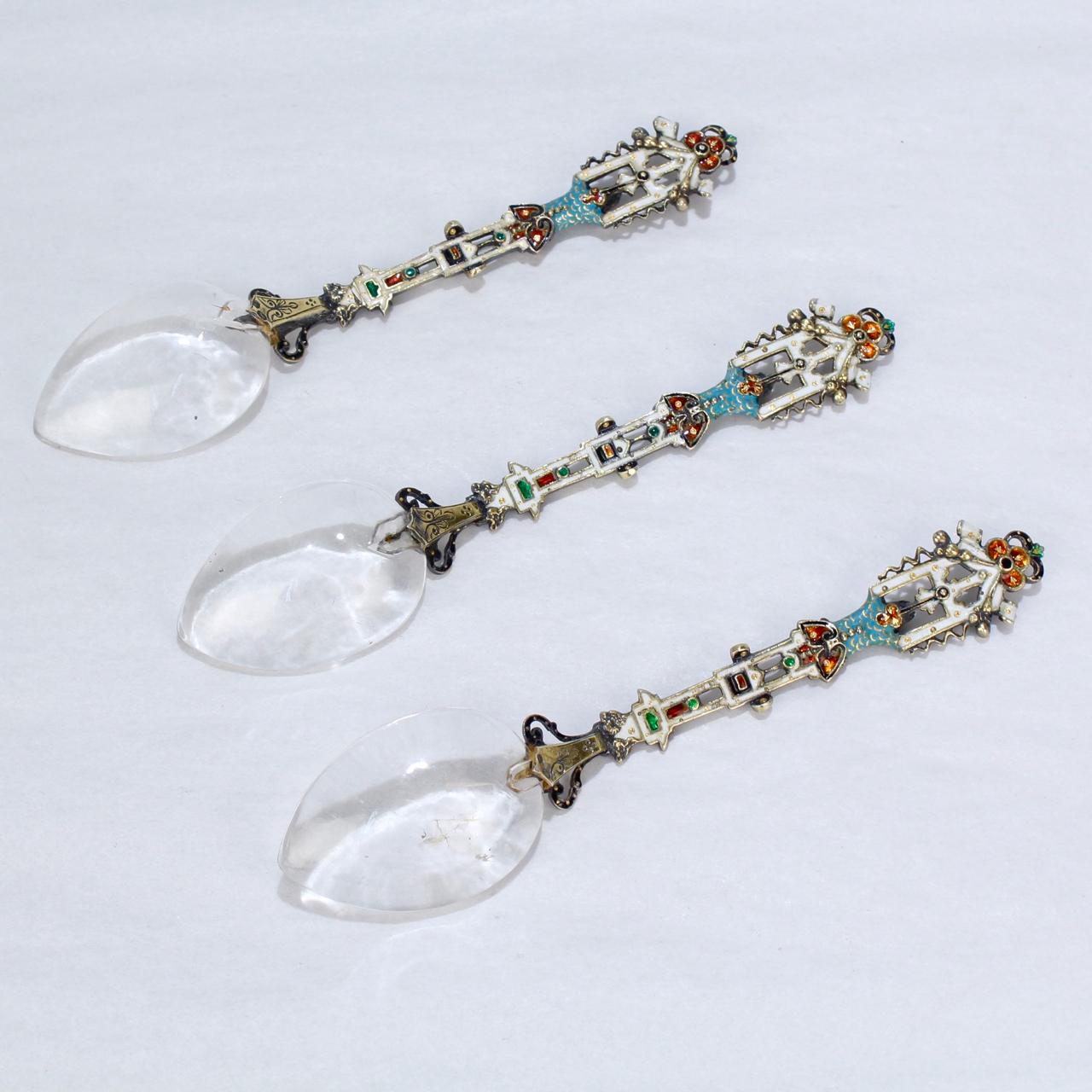 3 Antique Viennese Enamel Silver and Rock Crystal Spoons, Hermann Ratzersdorfer In Good Condition In Philadelphia, PA