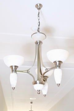 3-Arm Art Deco Style Chandelier with Alabaster Bowls and Illuminated Cones