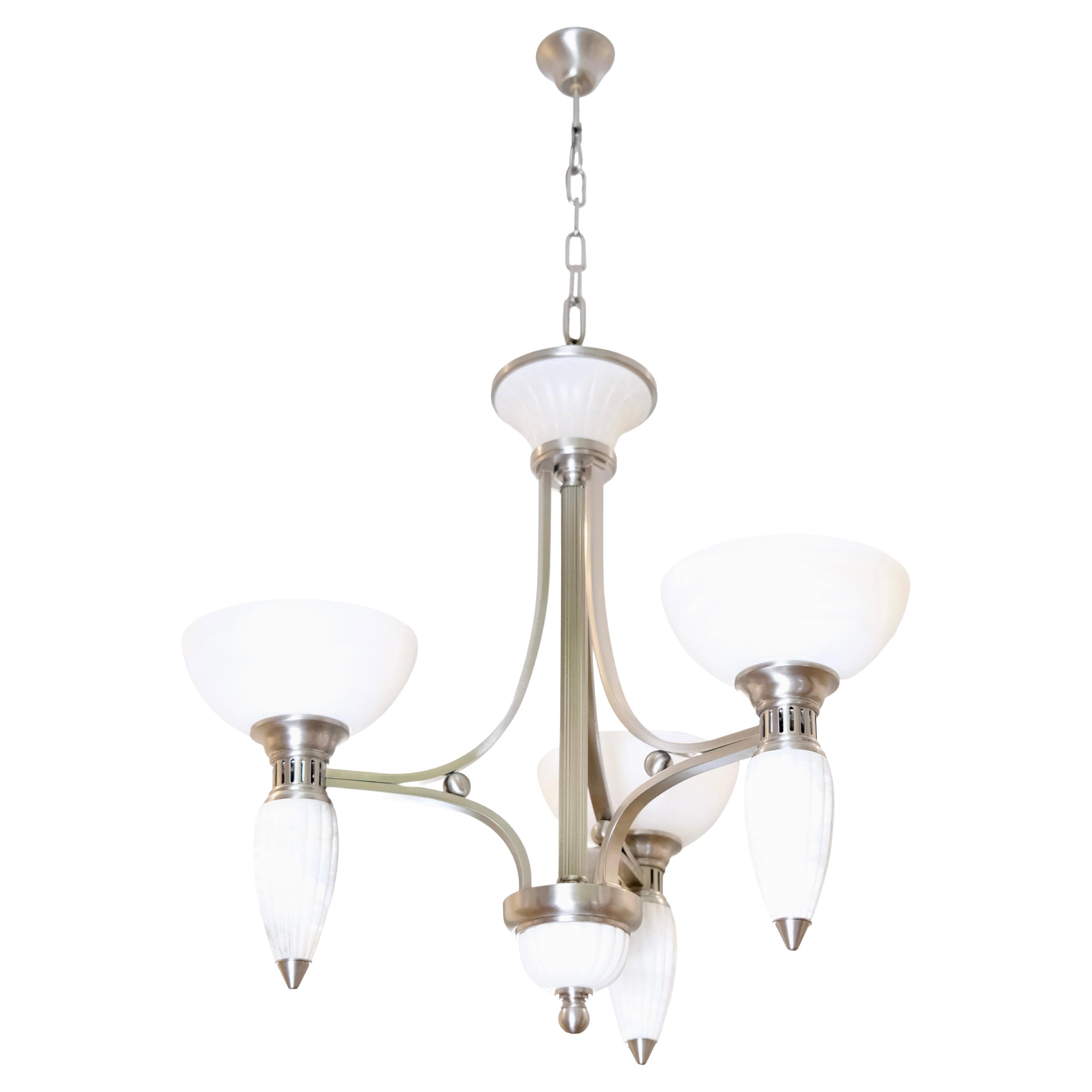 3-Arm Art Deco Style Chandelier with Alabaster Bowls and Illuminated Cones For Sale