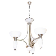 Retro 3-Arm Art Deco Style Chandelier with Alabaster Bowls and Illuminated Cones