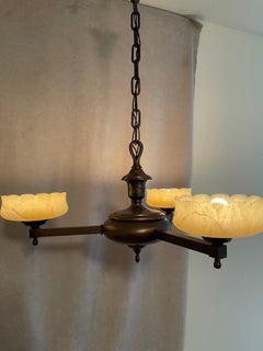 3 Arm Arts & Crafts Bronze Chandelier w/ 3 Alabaster Shades ca. 1920