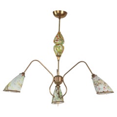 Vintage 3 Arm Brass Spider Chandelier End of Day Glass Shades